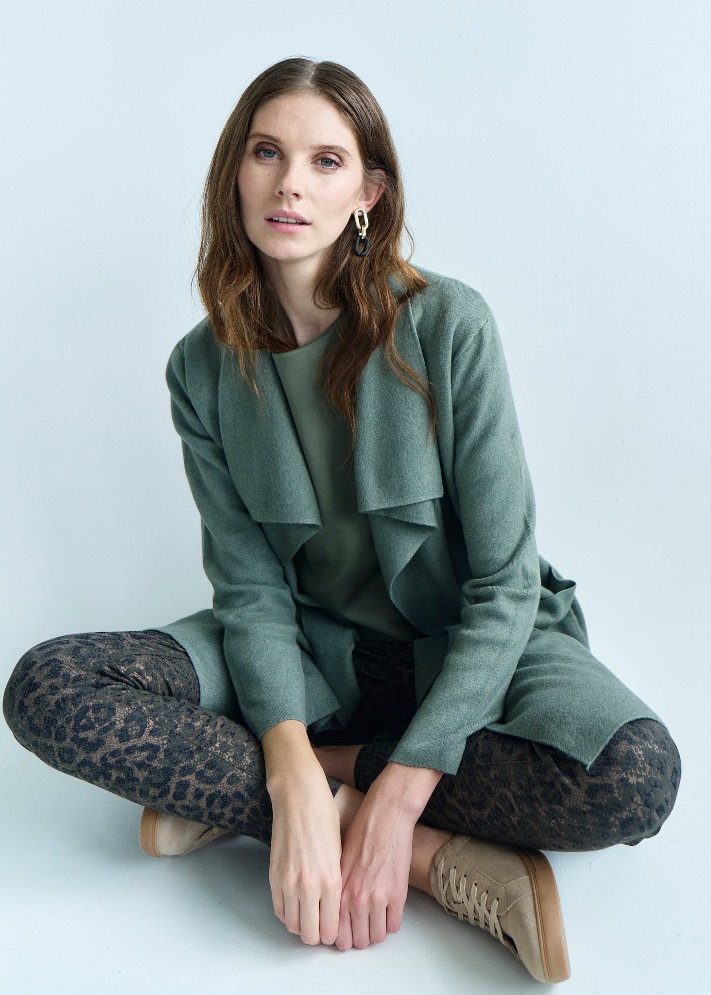 View our Jackie O 3/4 Length Knitted Viscose Coat in Khaki - by Tribute Store