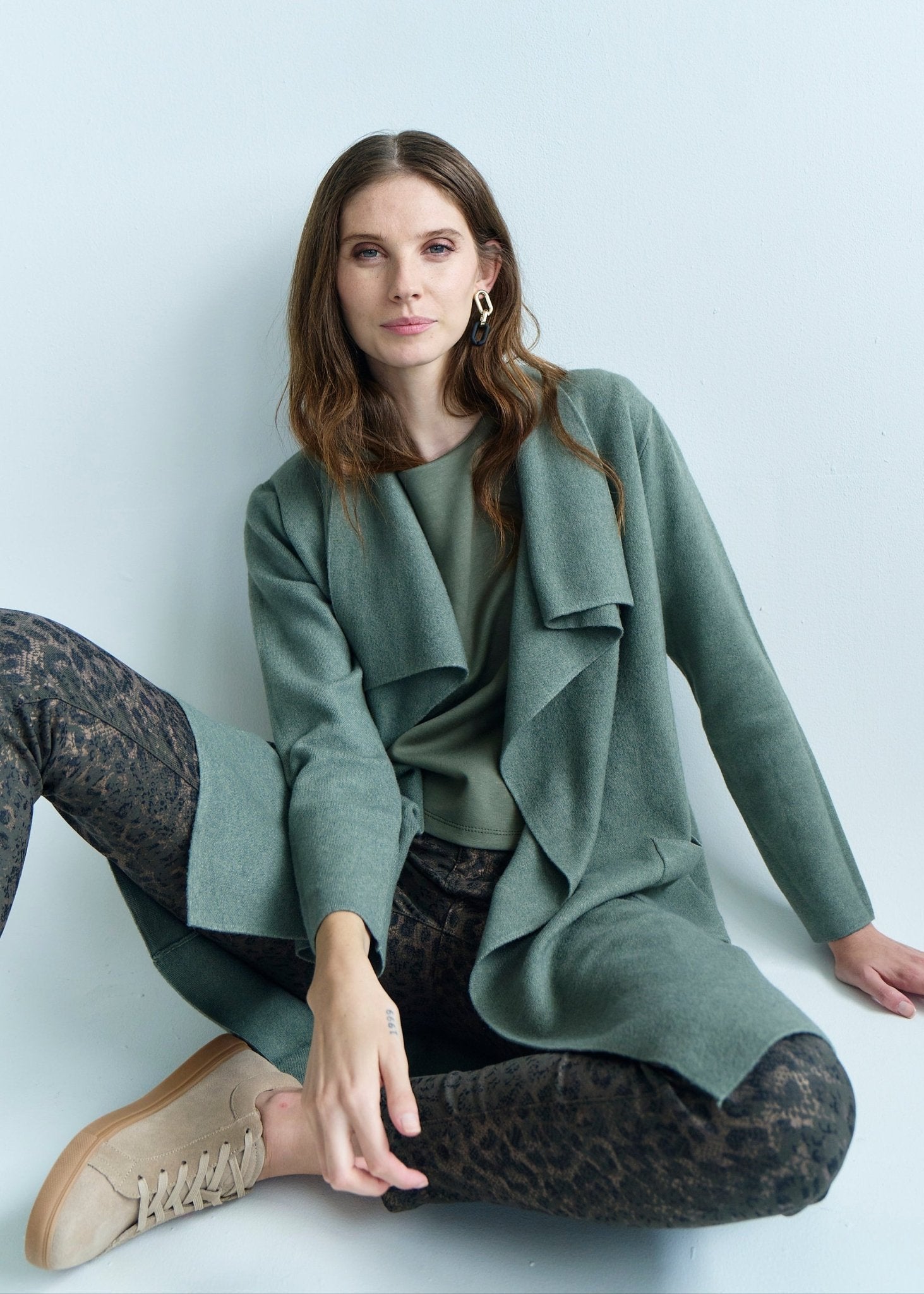 View our Jackie O 3/4 Length Knitted Viscose Coat in Khaki - by Tribute Store