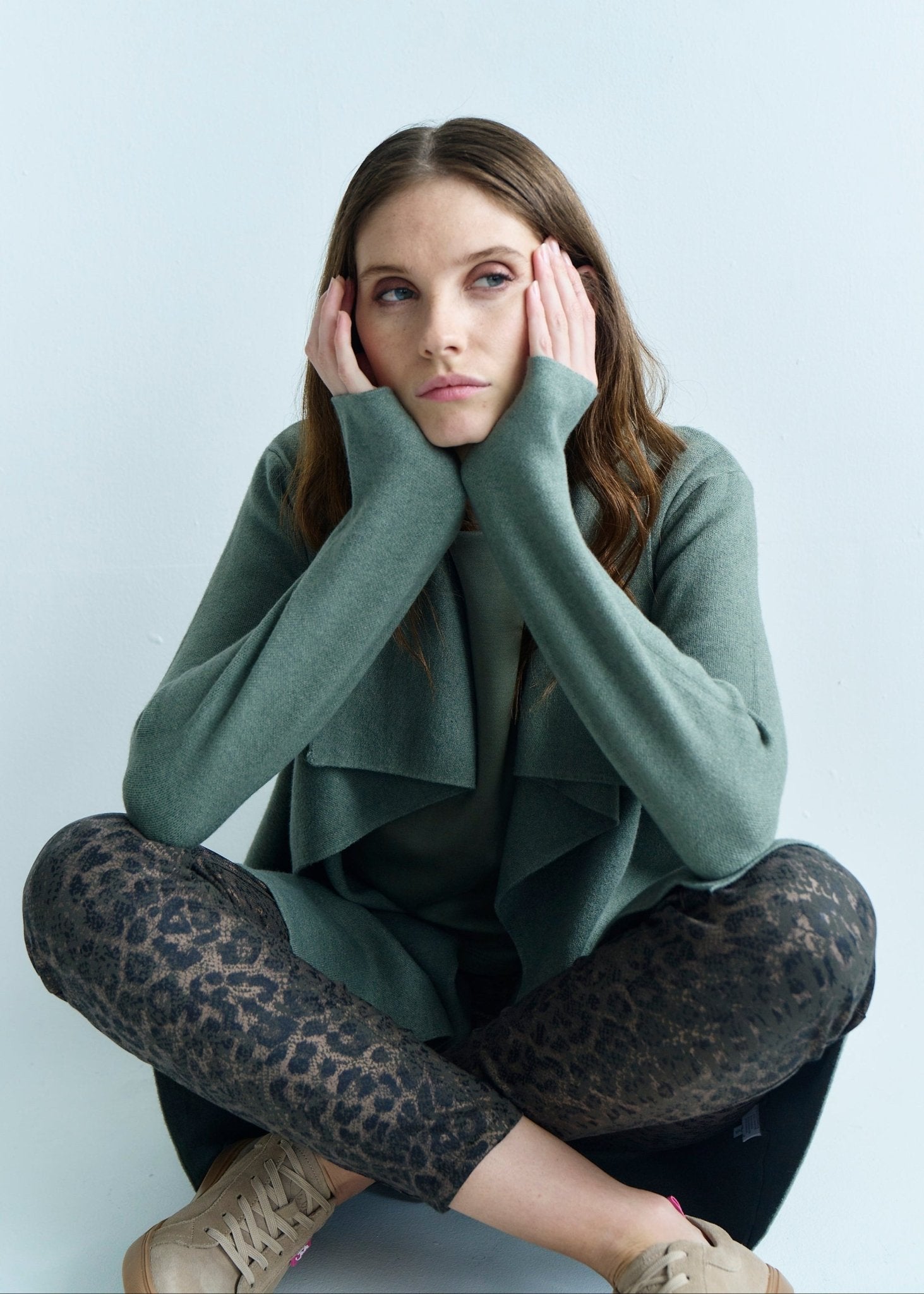 View our Jackie O 3/4 Length Knitted Viscose Coat in Khaki - by Tribute Store