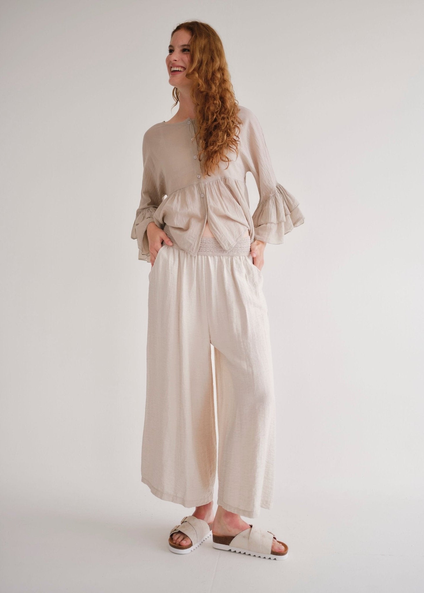View our Japandi Italian Linen Blend Palazzo Pants In Ivory - by Tribute Store
