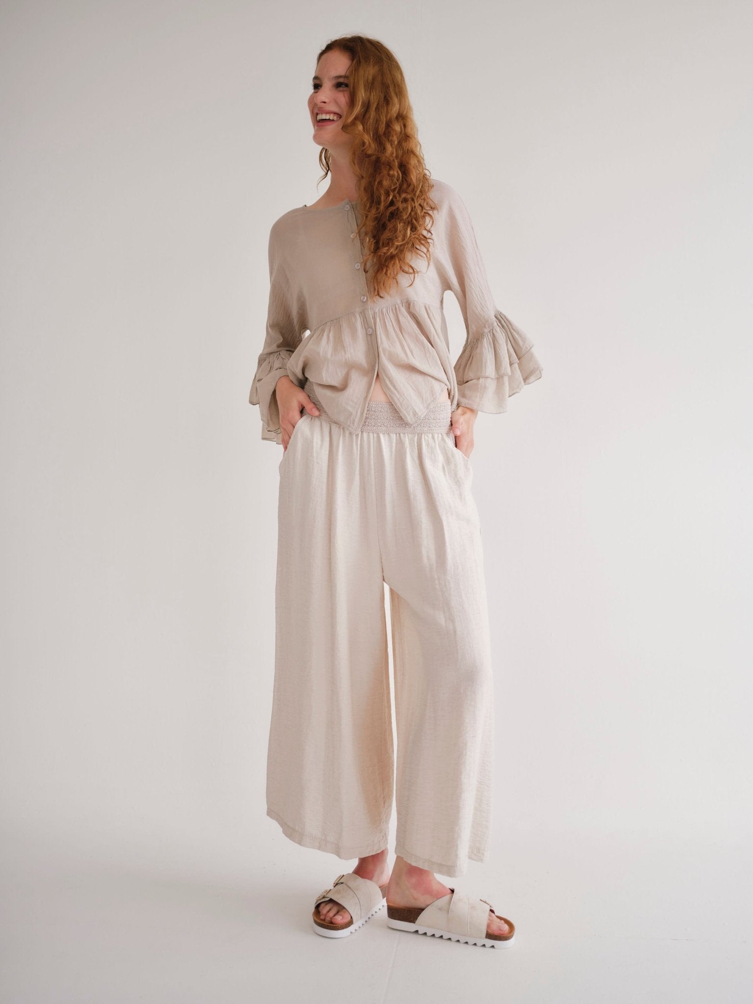 View our Japandi Italian Linen Blend Palazzo Pants In Ivory - by Tribute Store