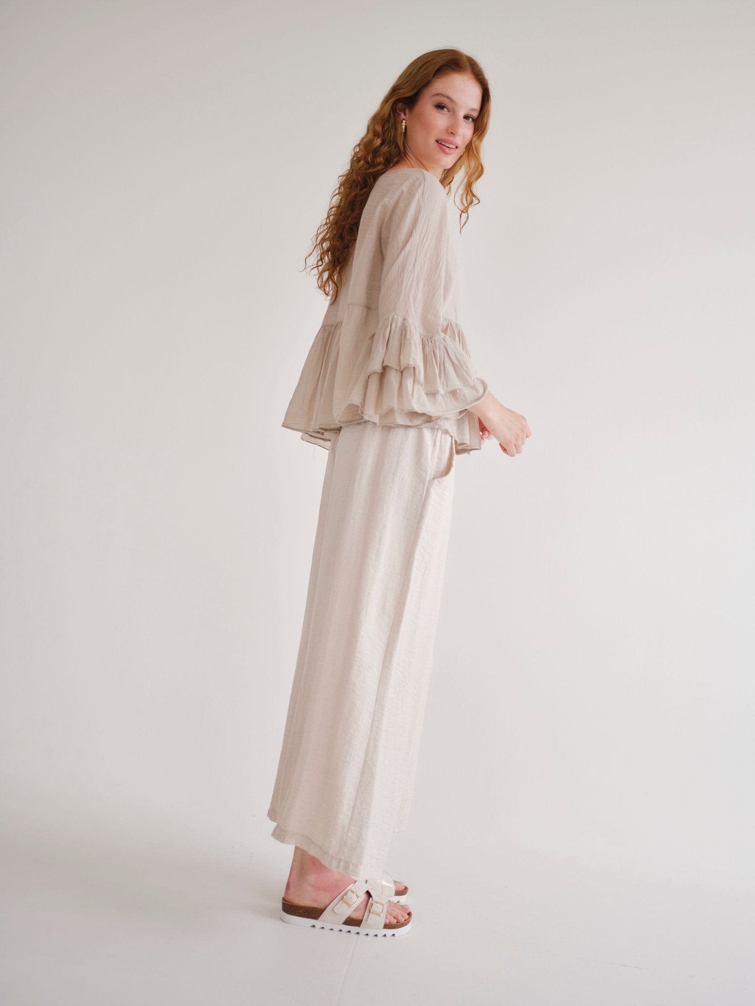 View our Japandi Italian Linen Blend Palazzo Pants In Ivory - by Tribute Store
