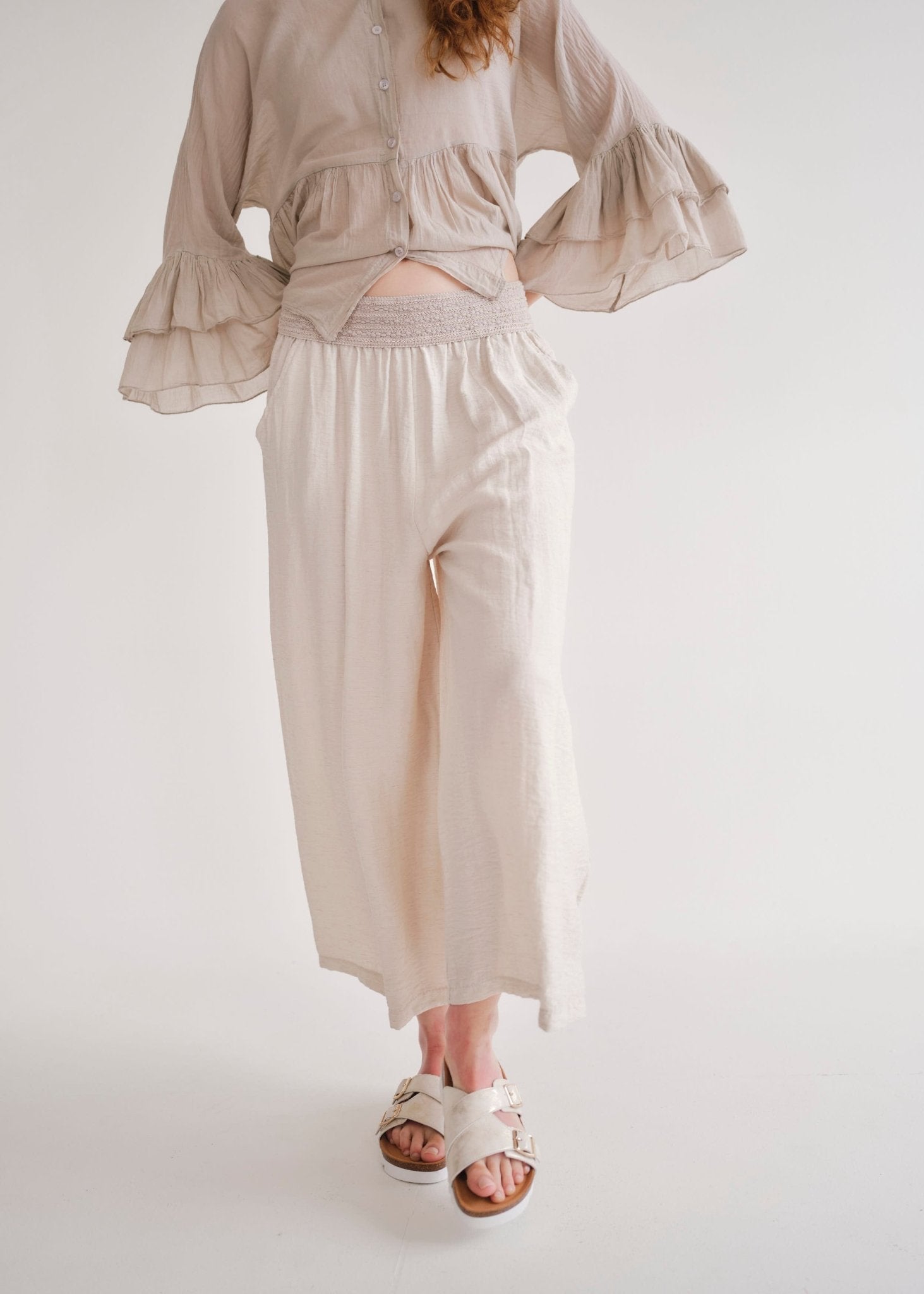 View our Japandi Italian Linen Blend Palazzo Pants In Ivory - by Tribute Store