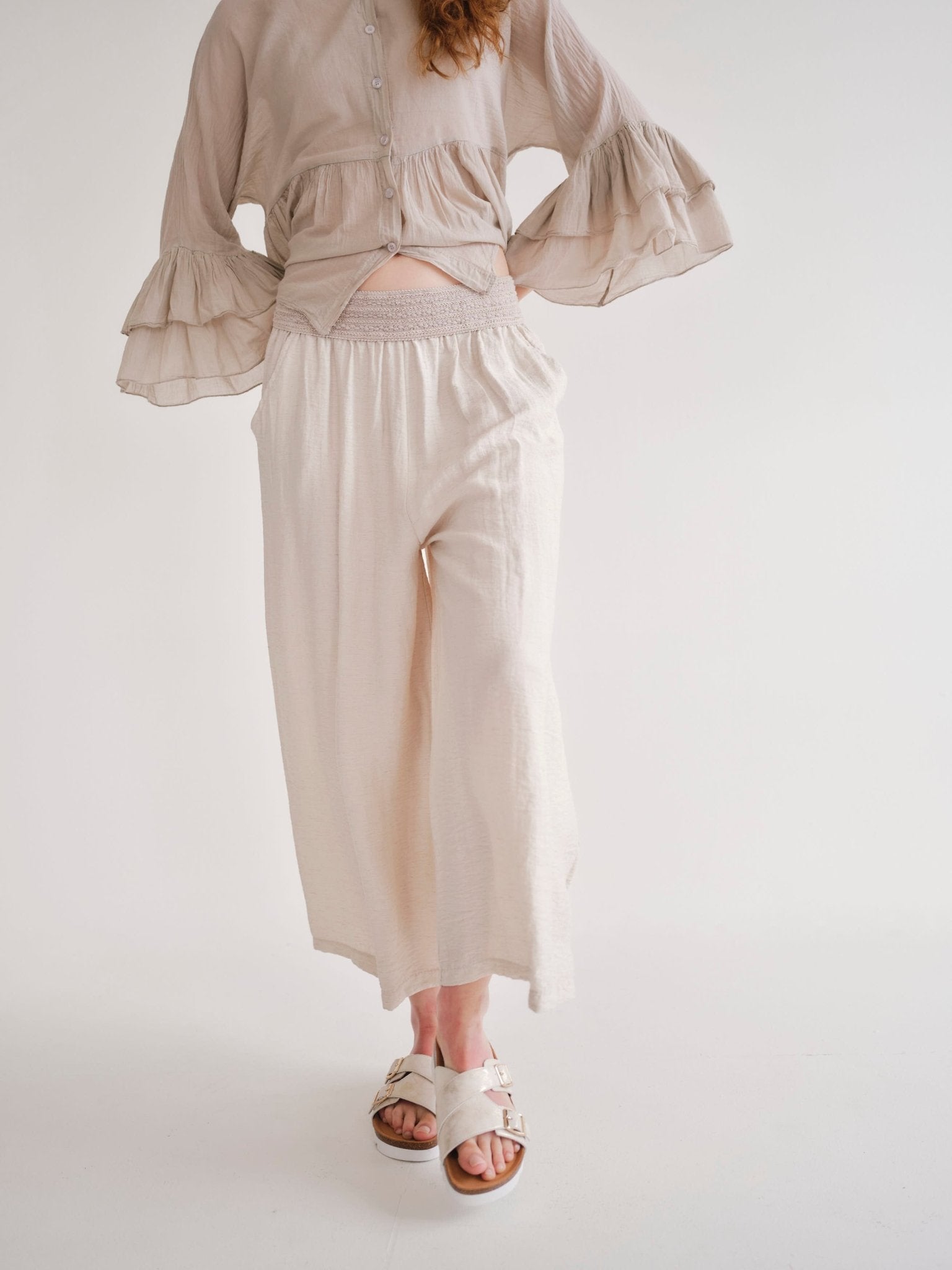 View our Japandi Italian Linen Blend Palazzo Pants In Ivory - by Tribute Store