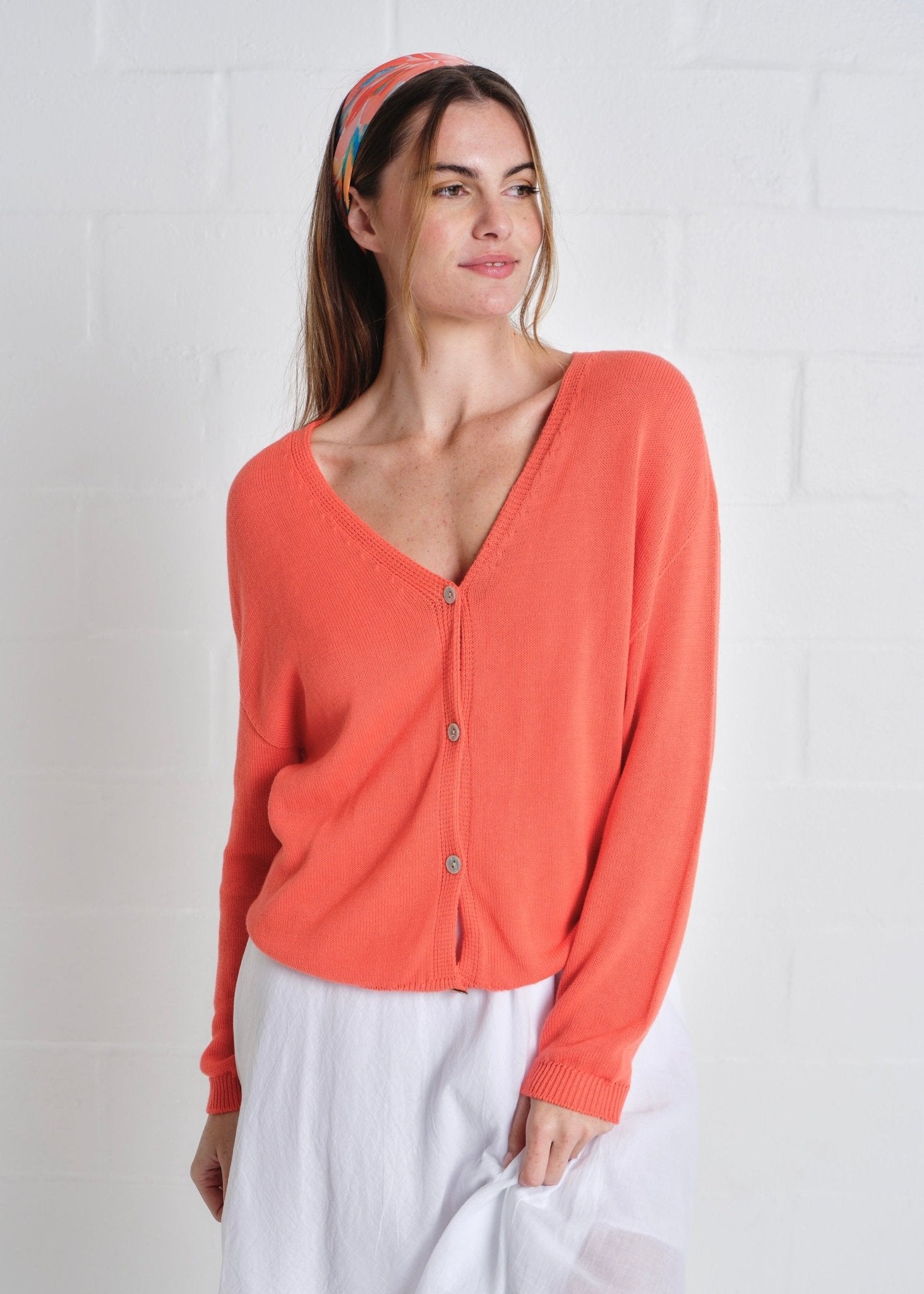 View our Jeanne Cotton Button Cardigan In Tangerine - by Tribute Store