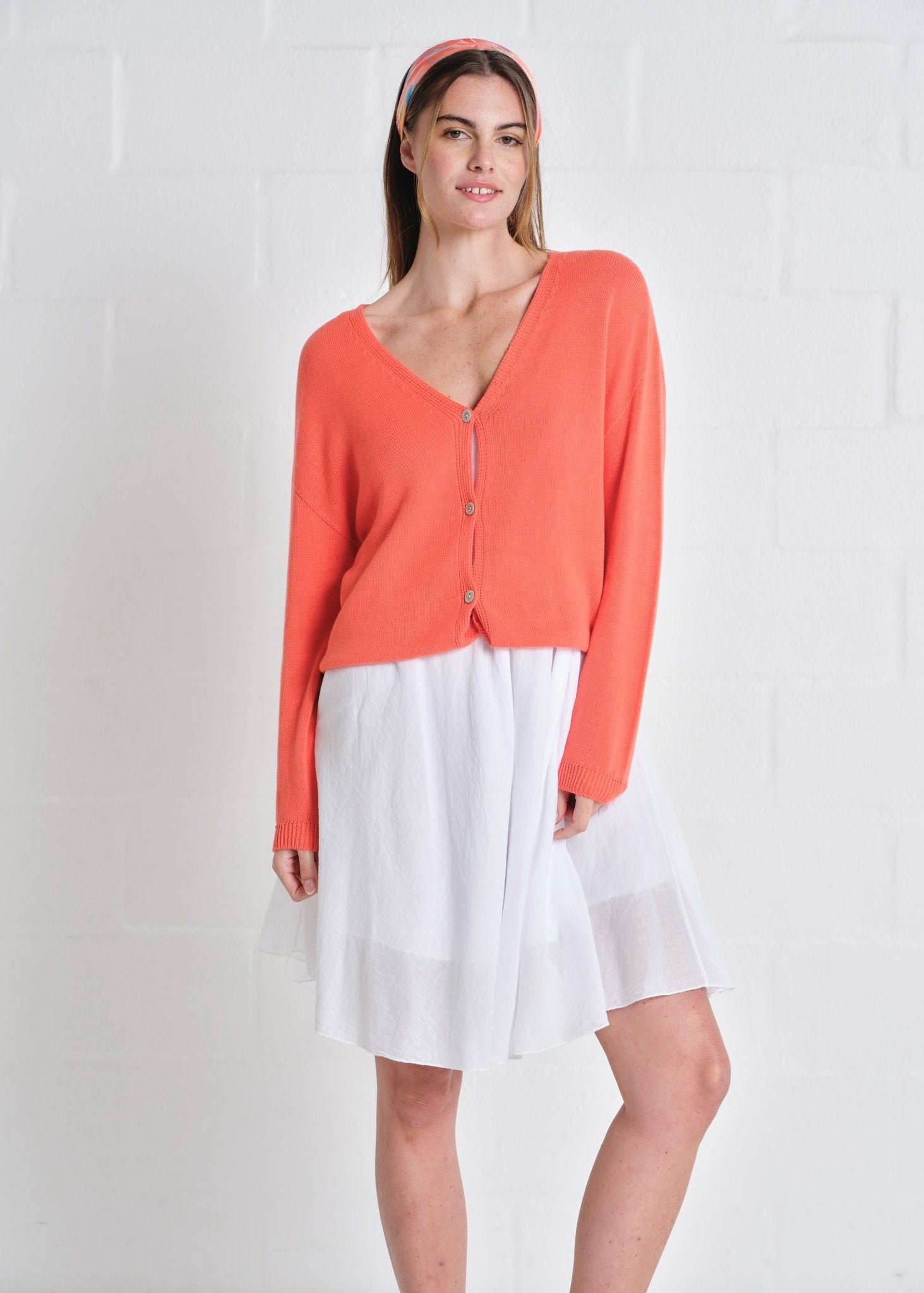 View our Jeanne Cotton Button Cardigan In Tangerine - by Tribute Store