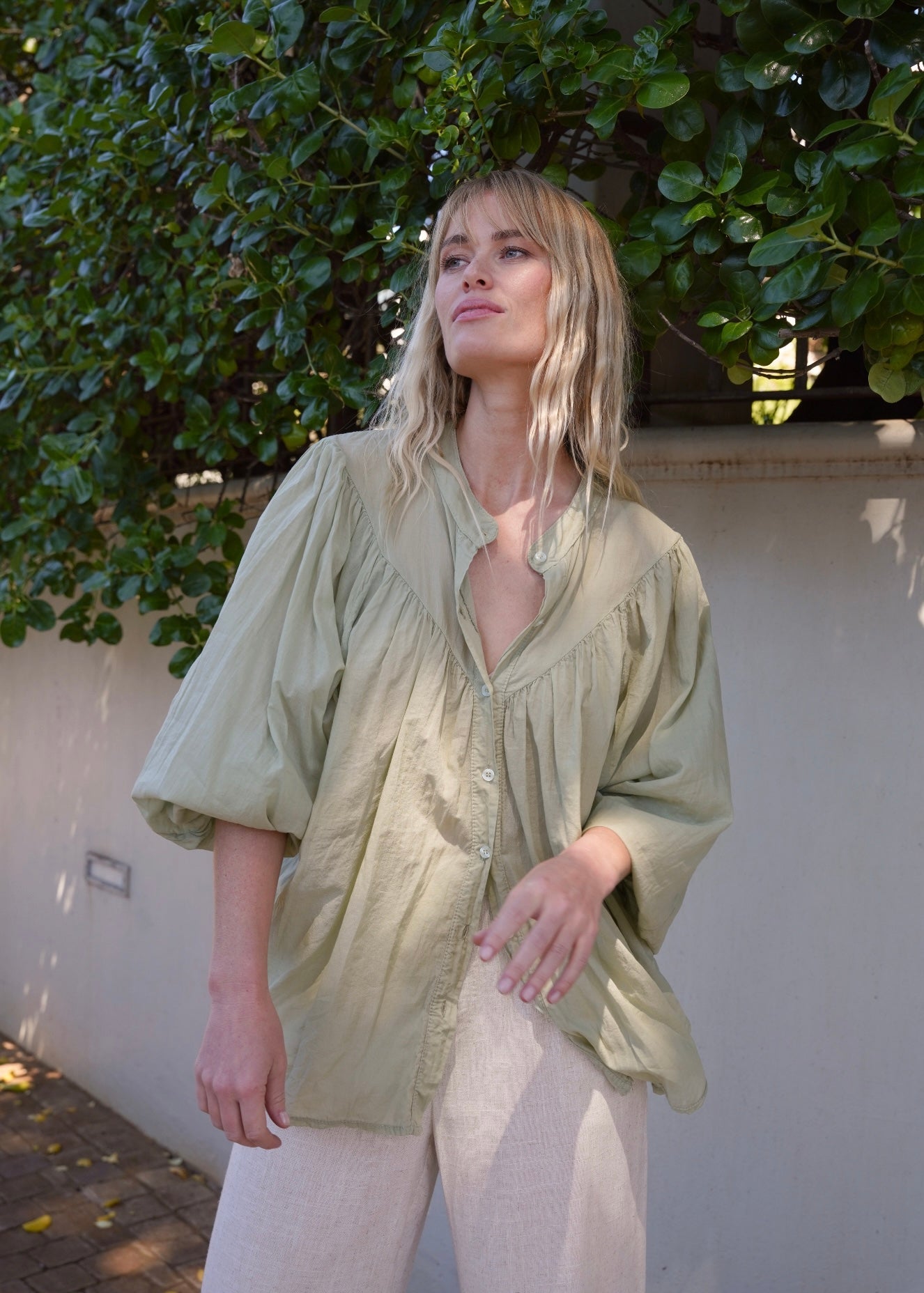 View our Joplin Italian Summer Cotton Boho Blouse In Light Khaki - by Tribute Store