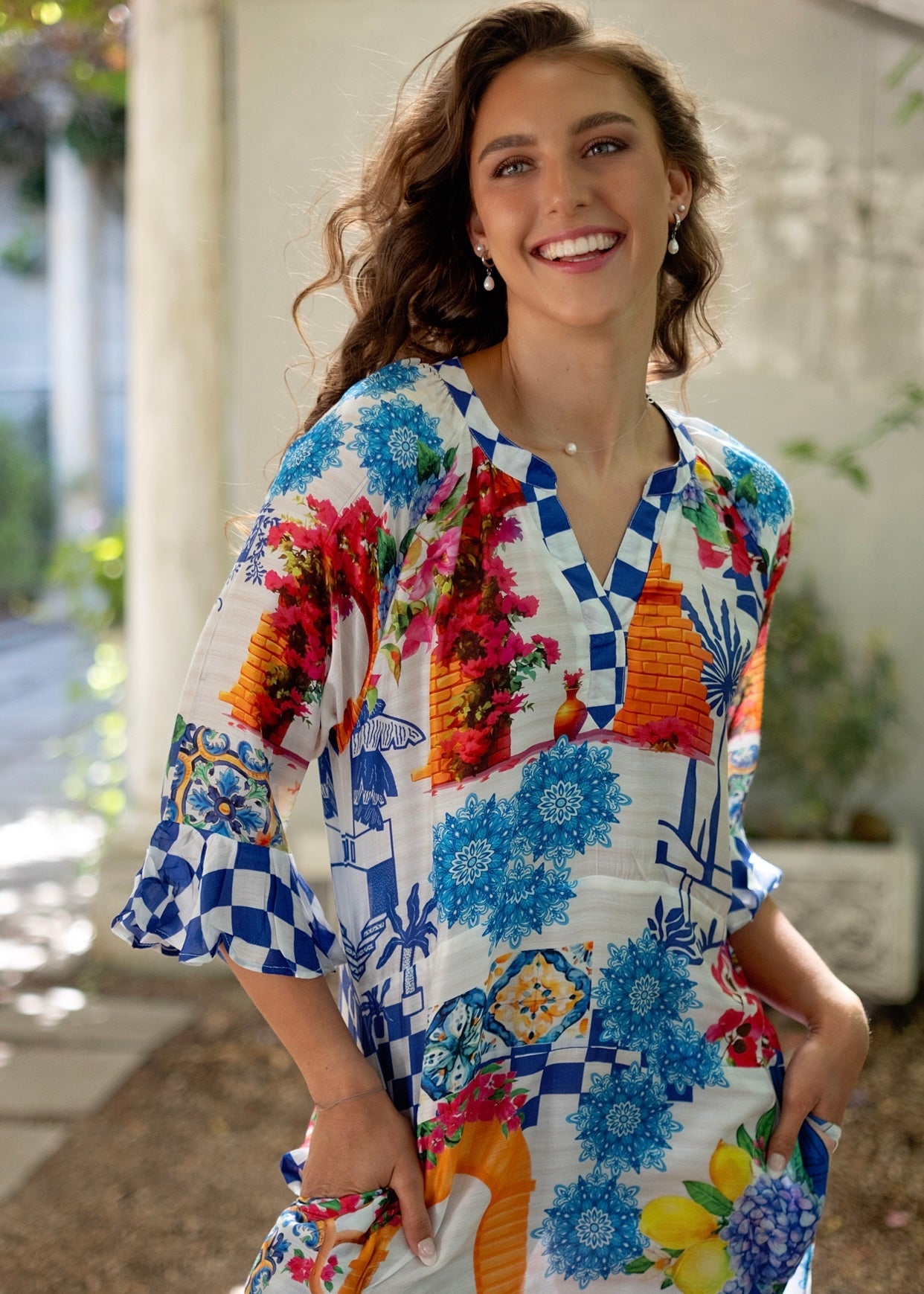 View our Jubilee Dress With Floral Print In White And Blue - by Tribute Store