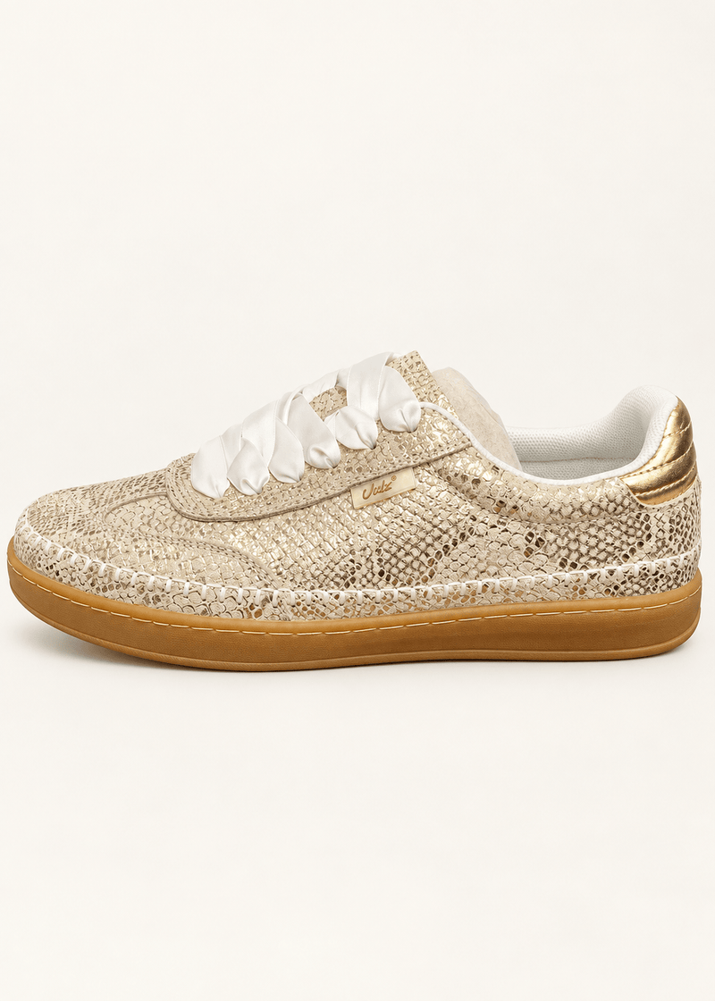 View our Julz Wendy Leather Sneaker With Snake Print In Gold - by Tribute Store