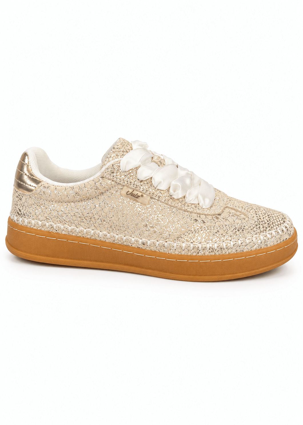 View our Julz Wendy Leather Sneaker With Snake Print In Gold - by Tribute Store