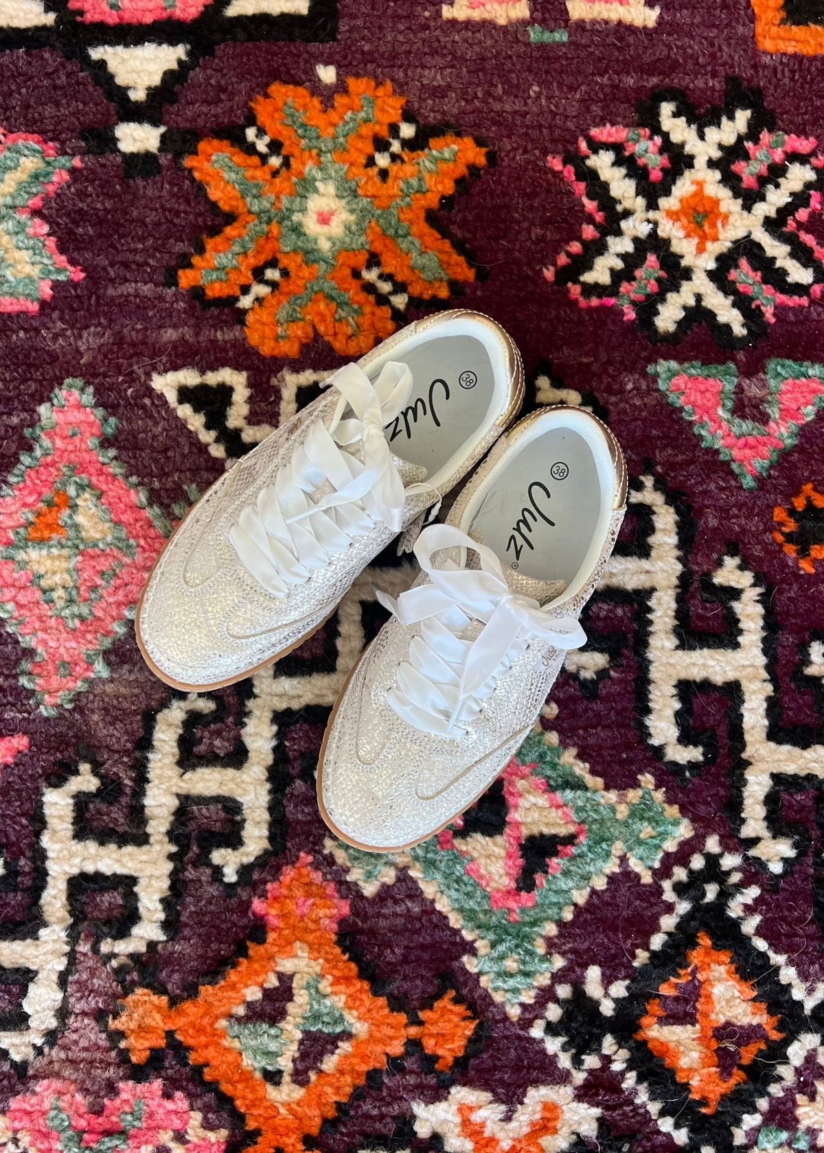 View our Julz Wendy Leather Sneaker With Snake Print In Gold - by Tribute Store