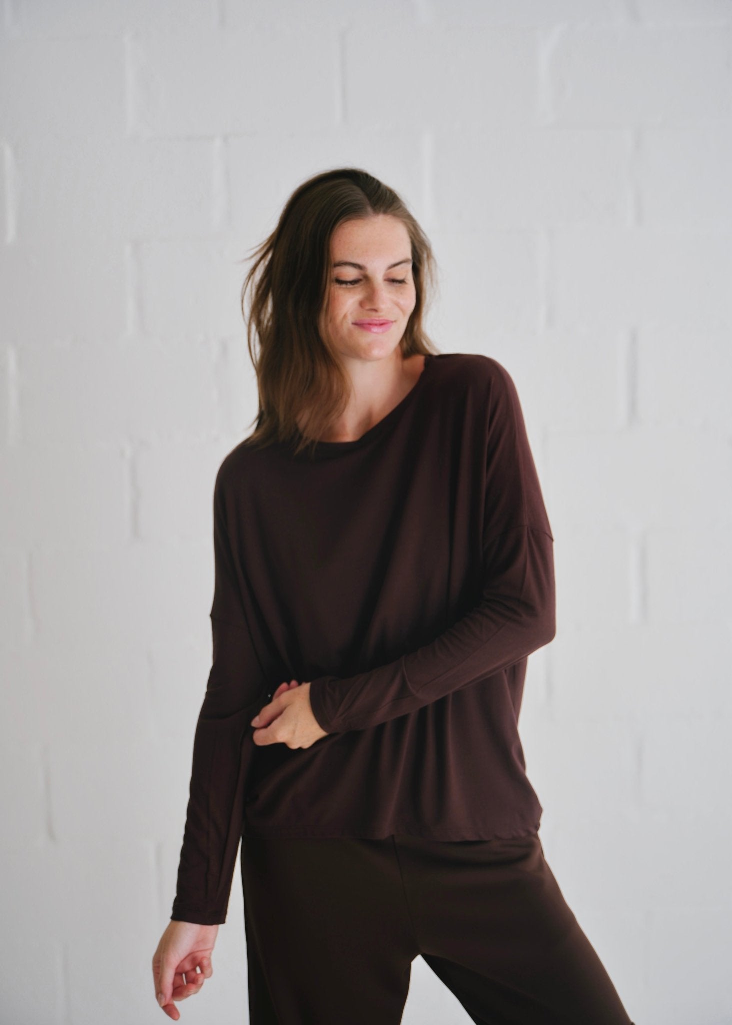 View our Kit Classic Long Line Tee With Back Seam In Chocolate - by Tribute Store
