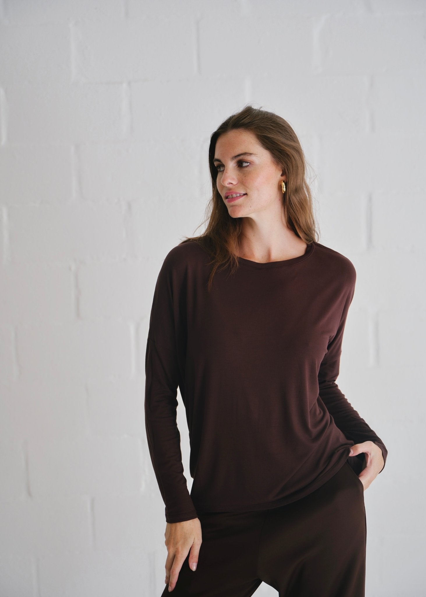 View our Kit Classic Long Line Tee With Back Seam In Chocolate - by Tribute Store