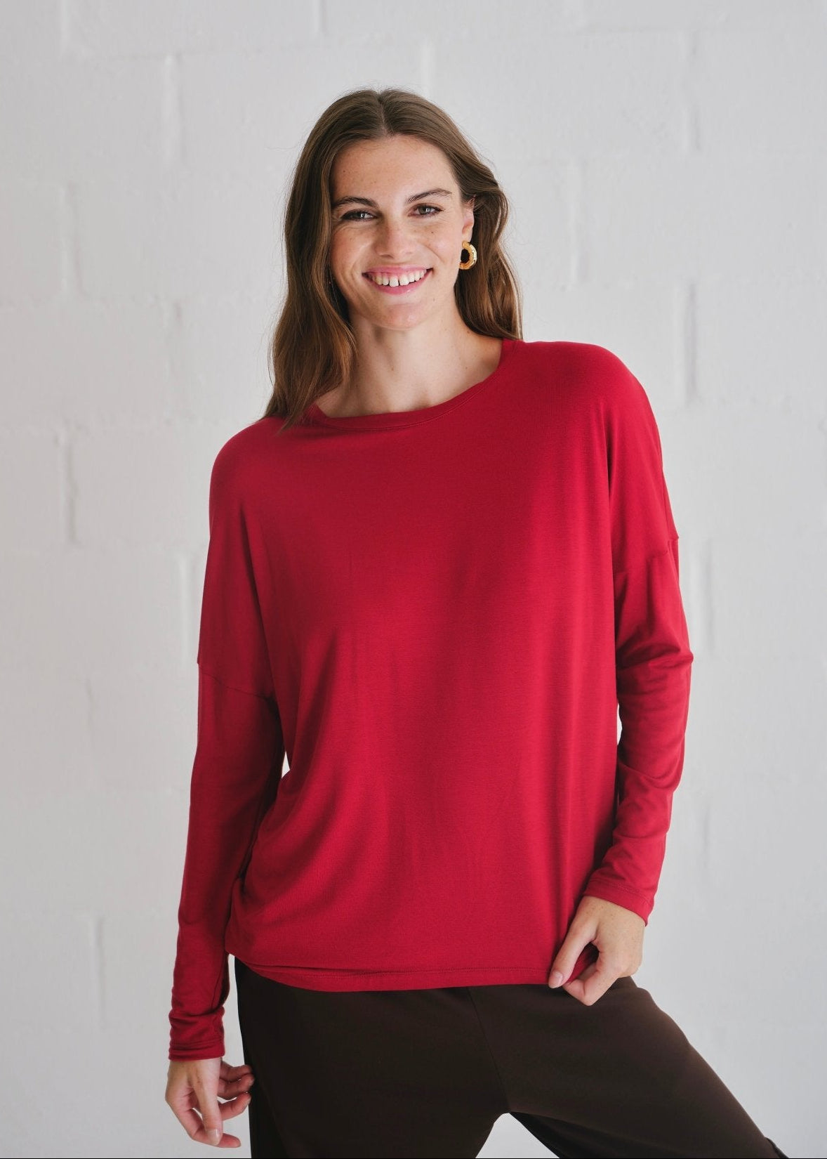 View our Kit Classic Long Line Tee With Back Seam In Deep Red - by Tribute Store