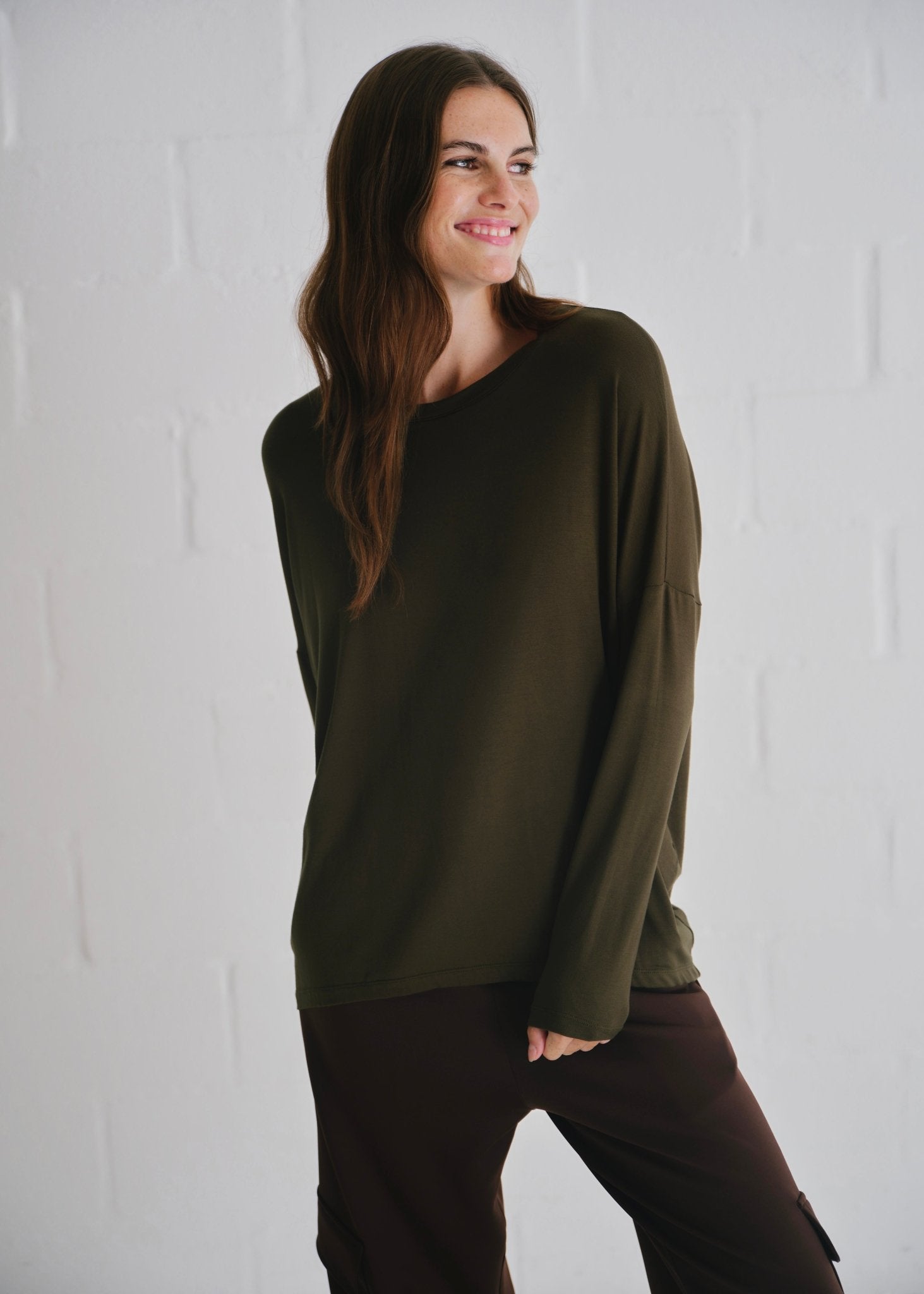 View our Kit Classic Long Line Tee With Back Seam In Khaki - by Tribute Store