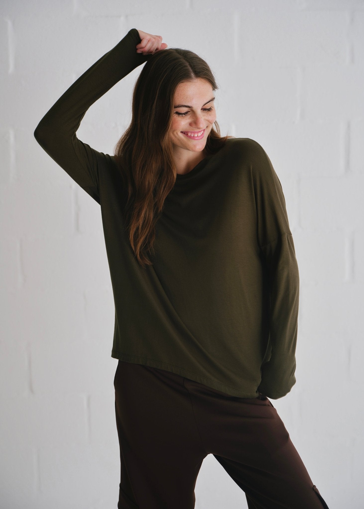 View our Kit Classic Long Line Tee With Back Seam In Khaki - by Tribute Store