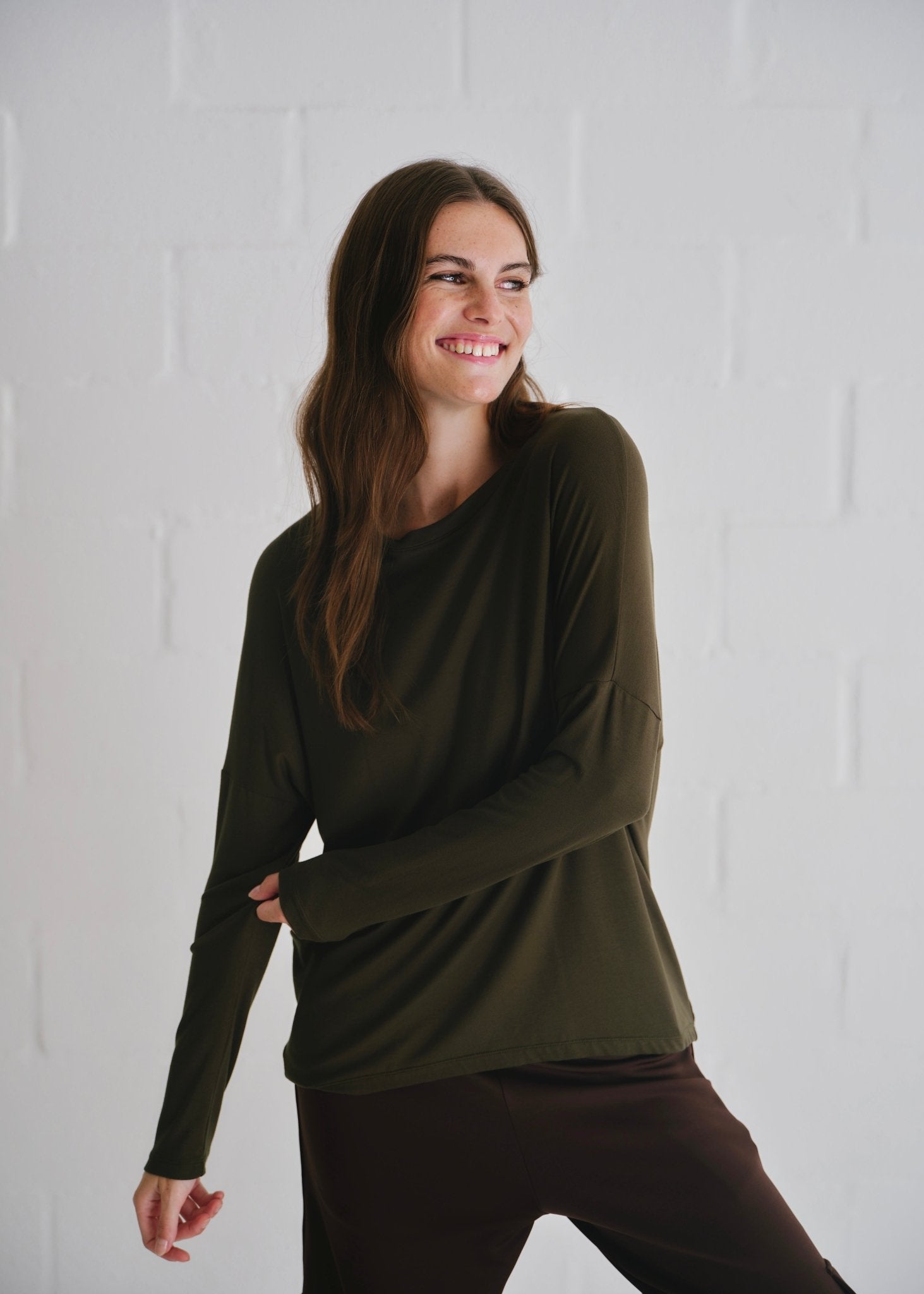 View our Kit Classic Long Line Tee With Back Seam In Khaki - by Tribute Store