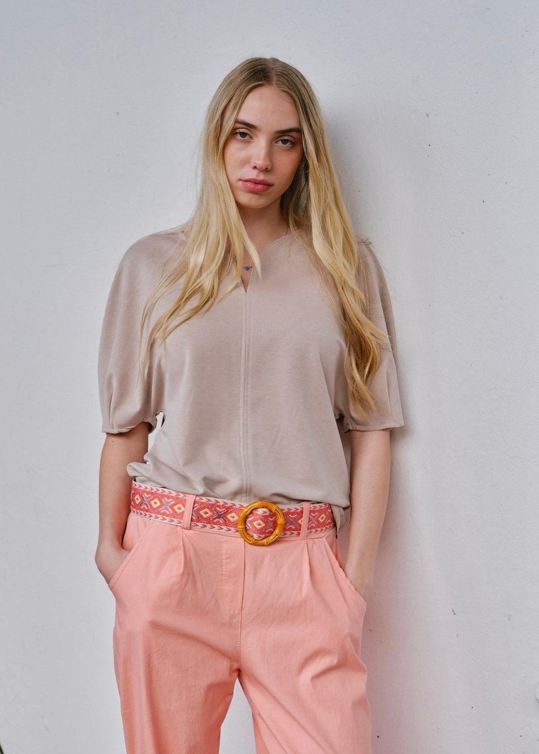 View our Kyoto Drop V Neck Tee In Beige - by Tribute Store