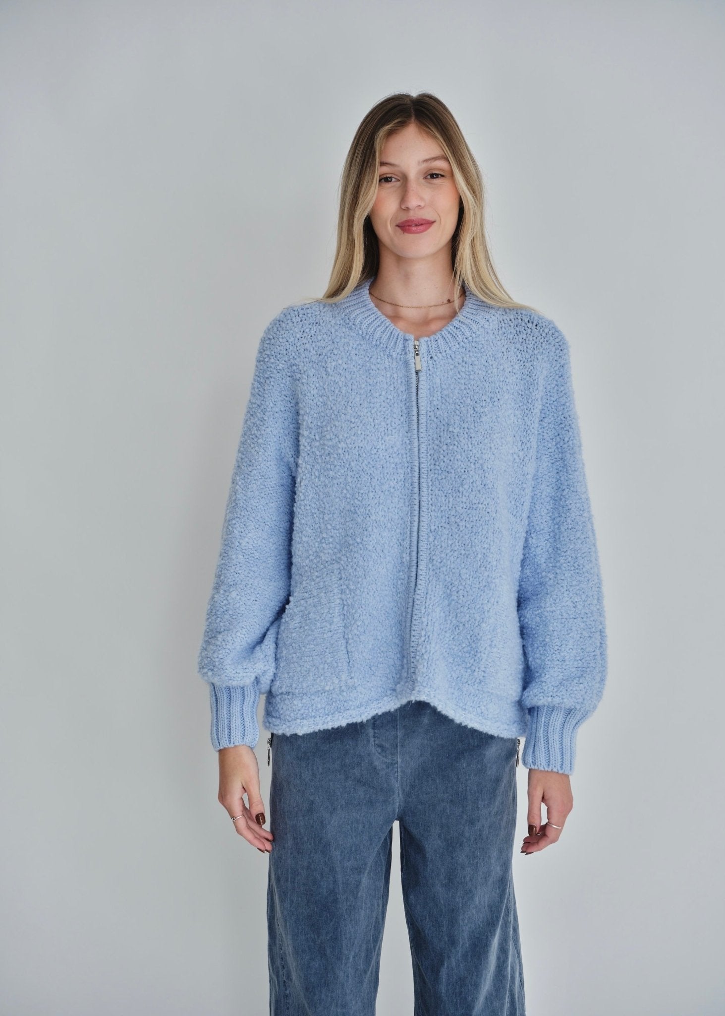 View our Laguna Chunky Zip Bomber In Sky Blue - by Tribute Store