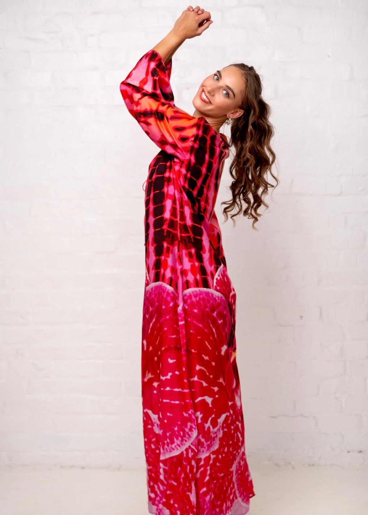 View our Lanira Dress With Bold Pink Orchard Print - by Tribute Store