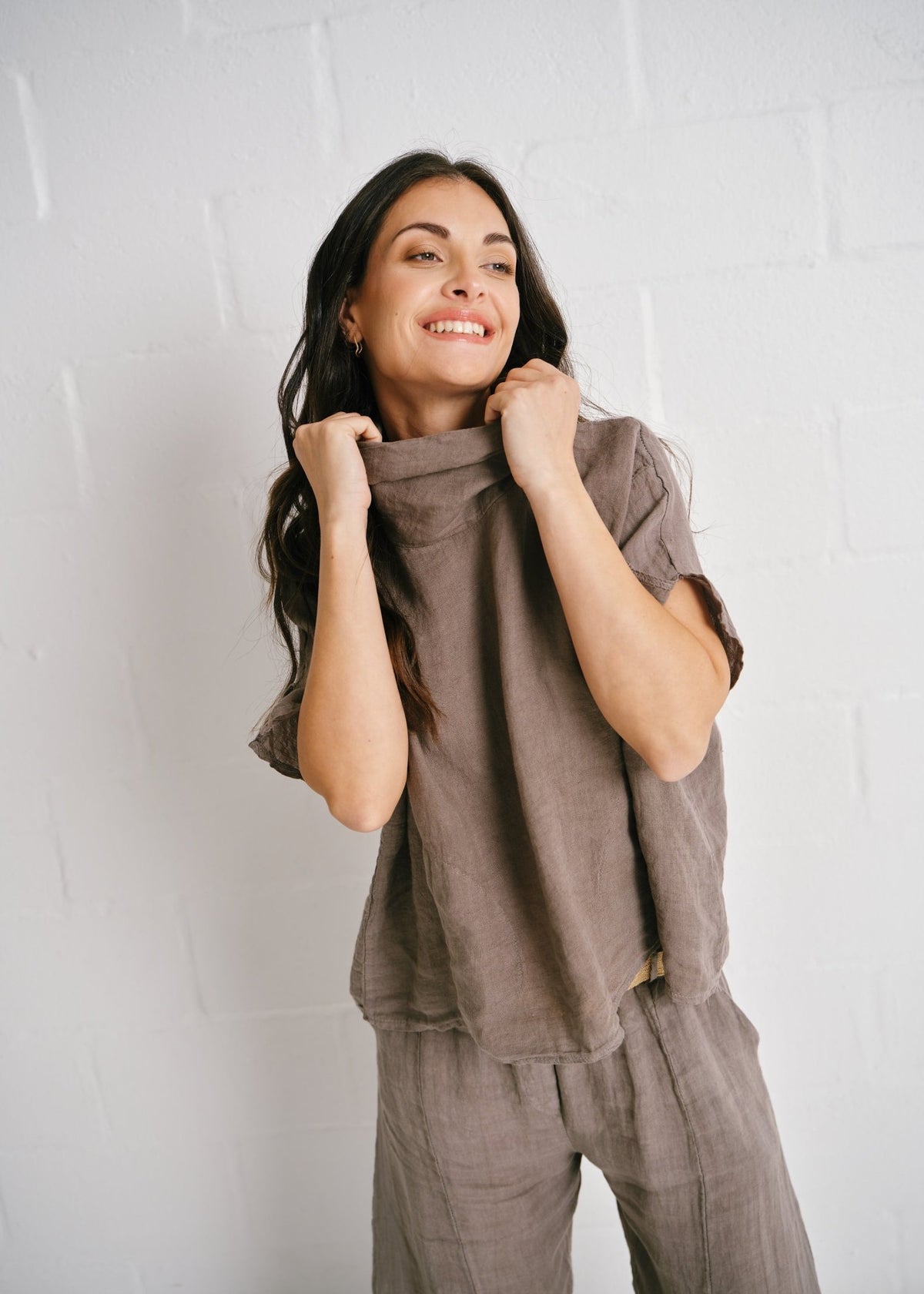 View our Laurent Italian Linen Top In Taupe - by Tribute Store