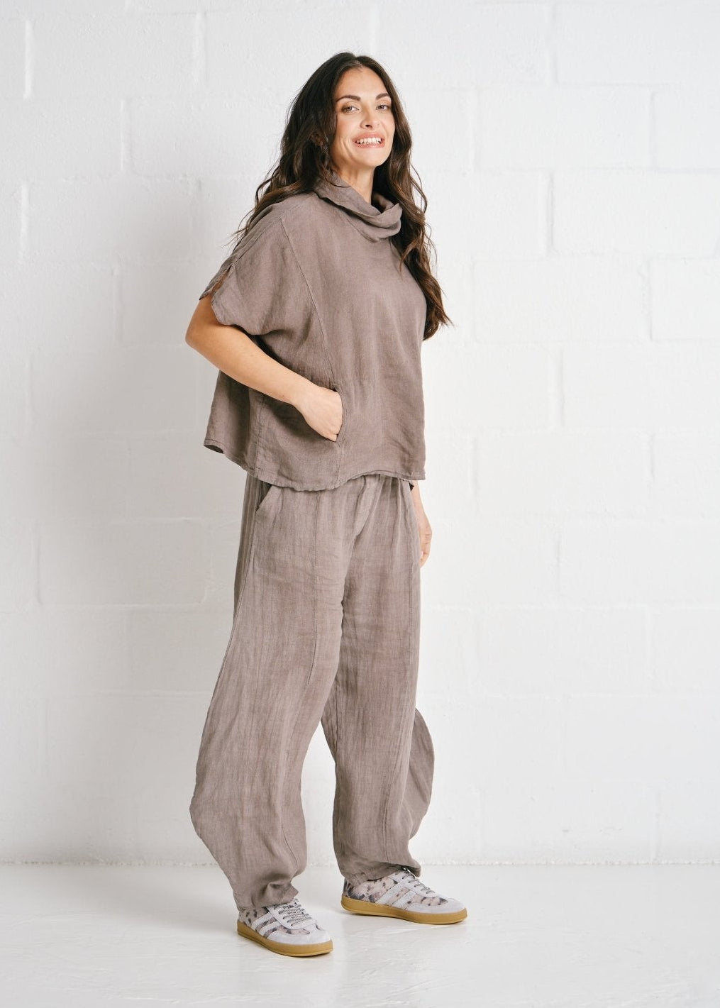 View our Laurent Italian Linen Top In Taupe - by Tribute Store