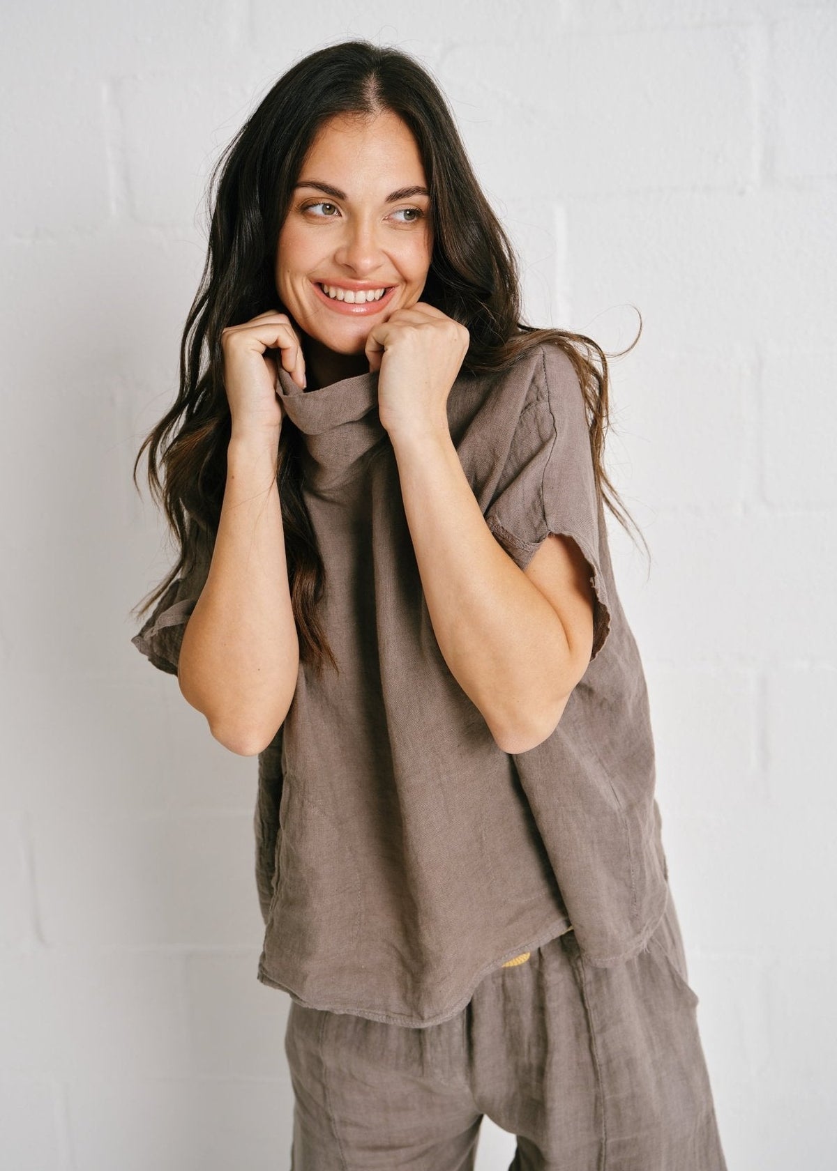 View our Laurent Italian Linen Top In Taupe - by Tribute Store