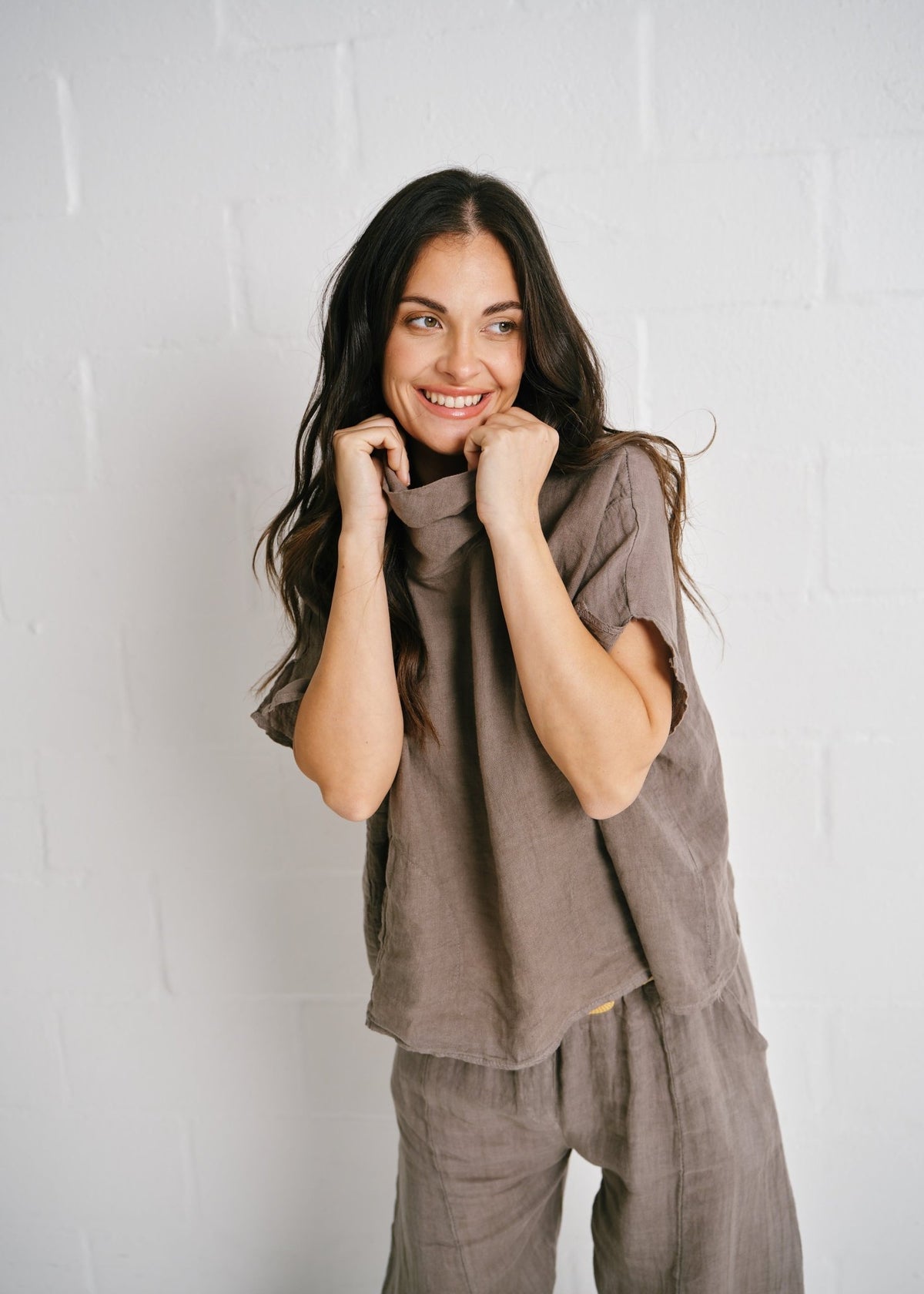 View our Laurent Italian Linen Top In Taupe - by Tribute Store