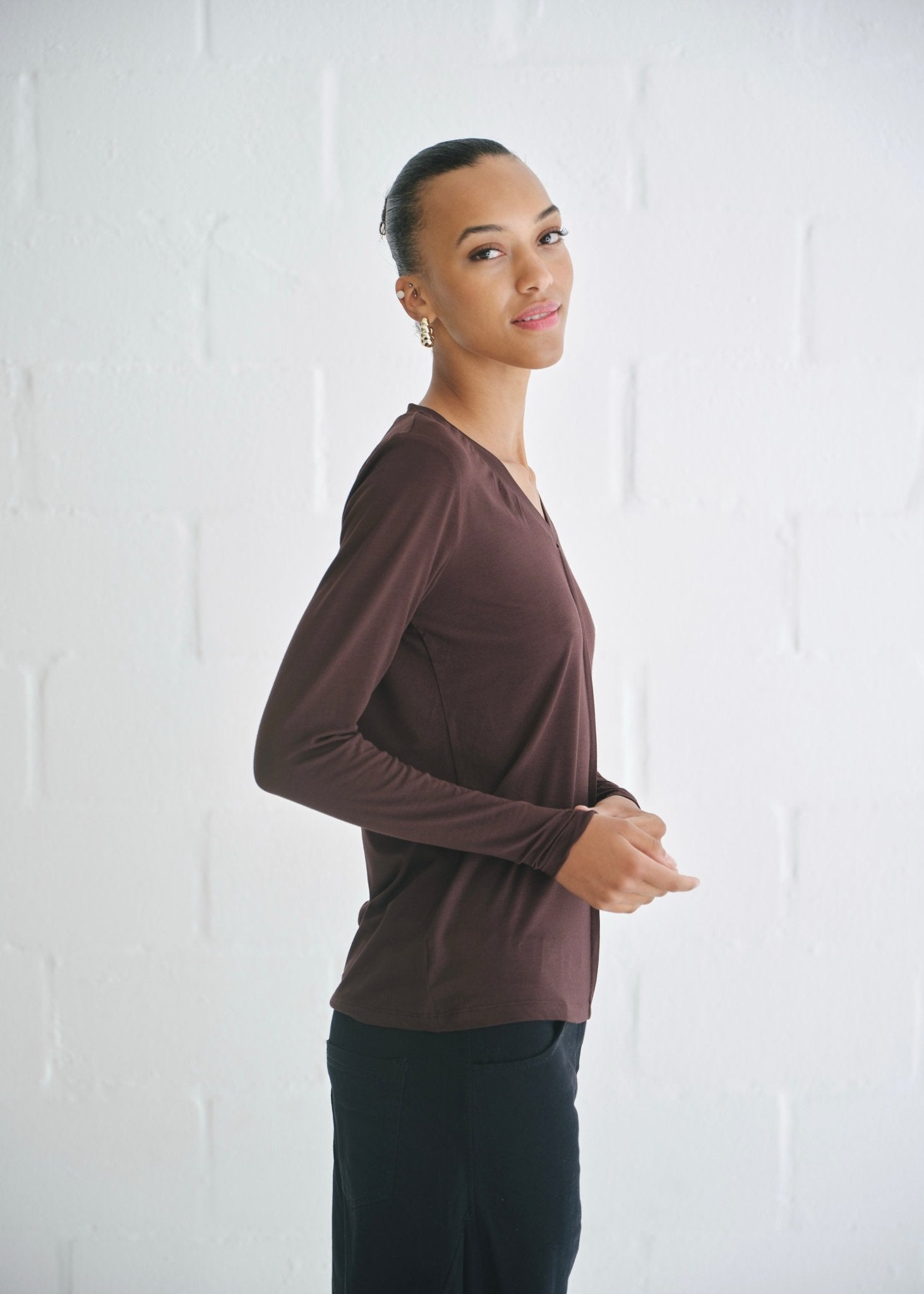 View our Le Marais Long Sleeved V Neck Tee In Chocolate - by Tribute Store