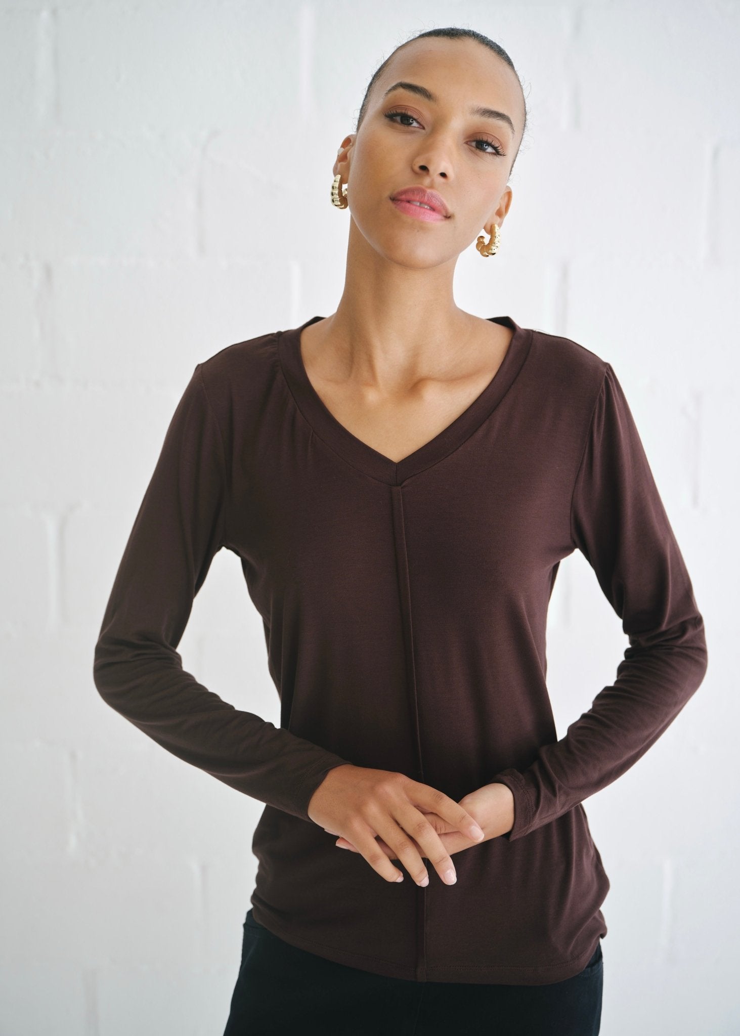 View our Le Marais Long Sleeved V Neck Tee In Chocolate - by Tribute Store