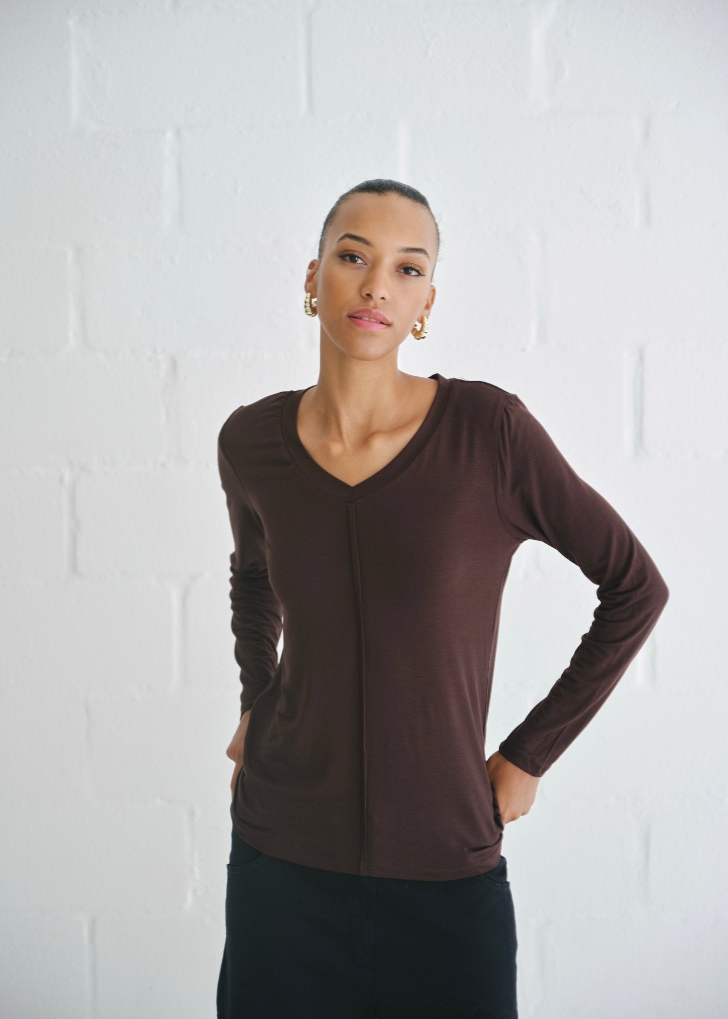 View our Le Marais Long Sleeved V Neck Tee In Chocolate - by Tribute Store
