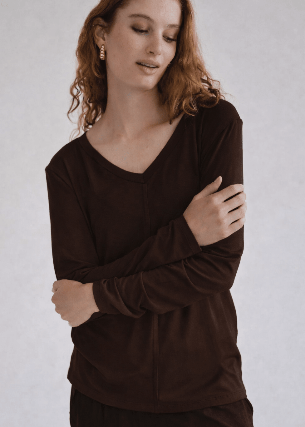 View our Le Marais Long Sleeved V Neck Tee In Chocolate - by Tribute Store