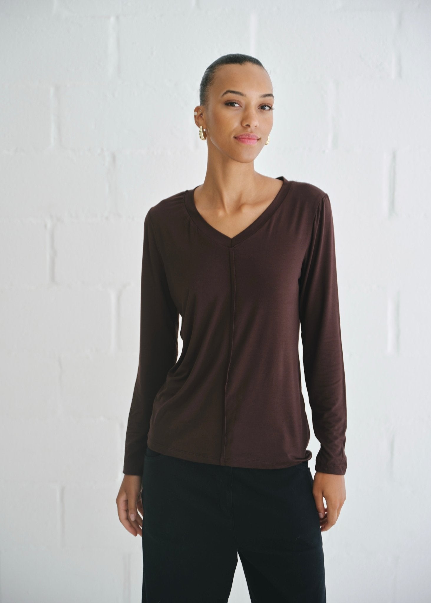 View our Le Marais Long Sleeved V Neck Tee In Chocolate - by Tribute Store