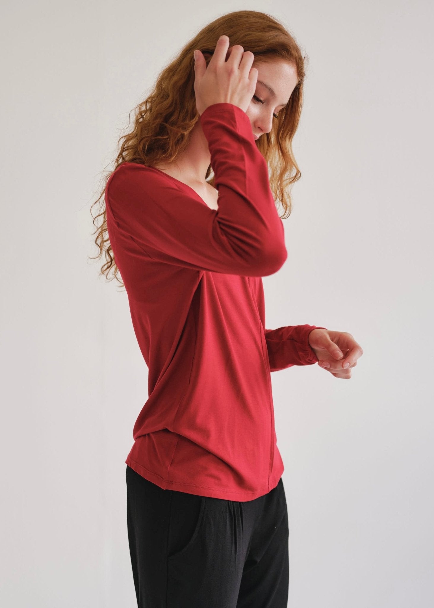 View our Le Marais Long Sleeved V Neck Tee In Deep Red - by Tribute Store