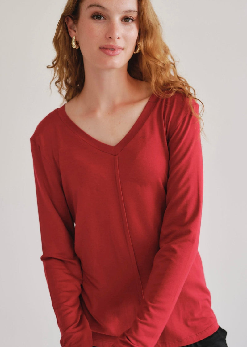 View our Le Marais Long Sleeved V Neck Tee In Deep Red - by Tribute Store