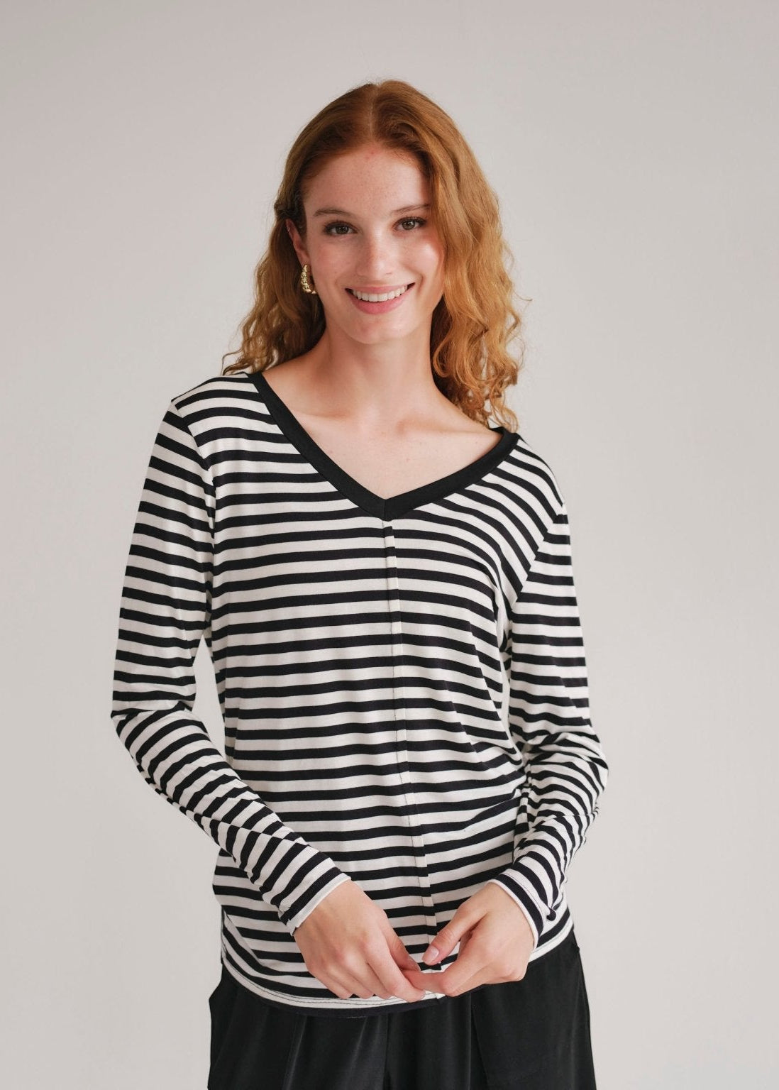 View our Le Marais Stripe Long Sleeved V neck Tee In Black And White - by Tribute Store