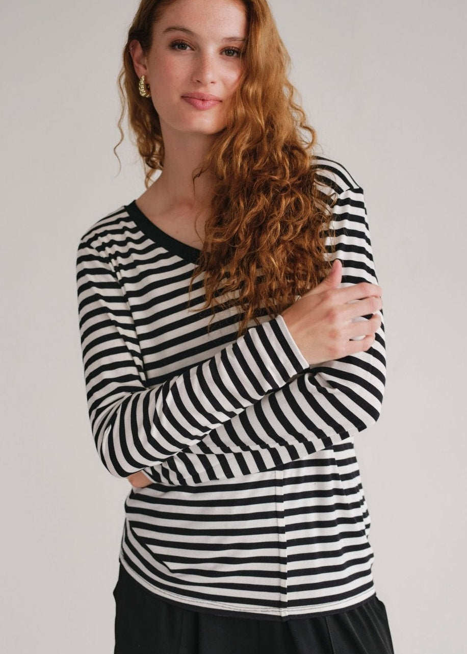 View our Le Marais Stripe Long Sleeved V neck Tee In Black And White - by Tribute Store
