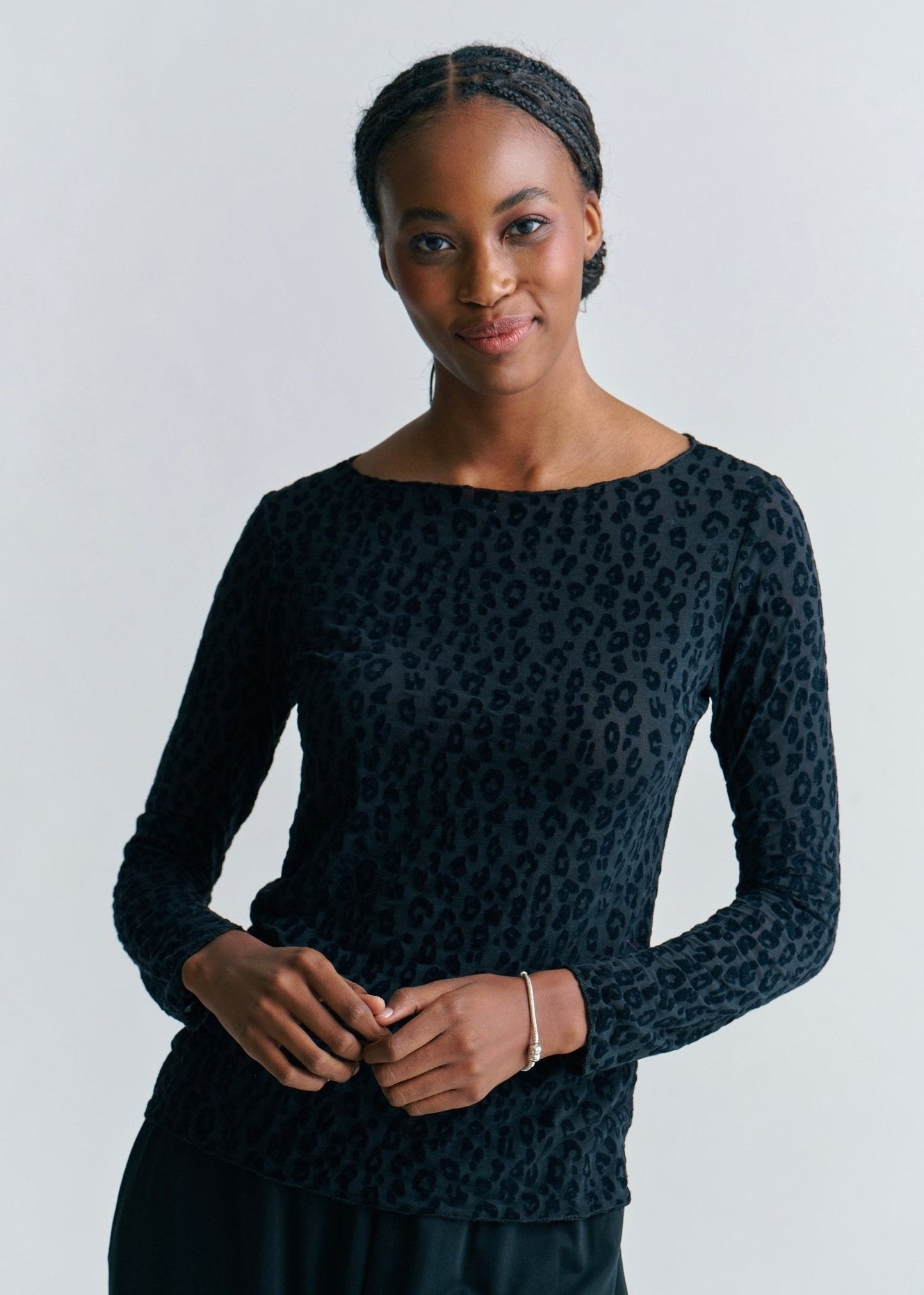 View our Leah Italian Cashmere Blend Sheer Top In Black Leopard Print - by Tribute Store
