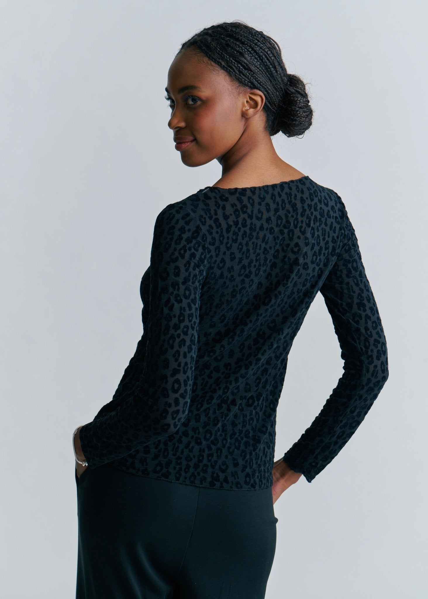 View our Leah Italian Cashmere Blend Sheer Top In Black Leopard Print - by Tribute Store