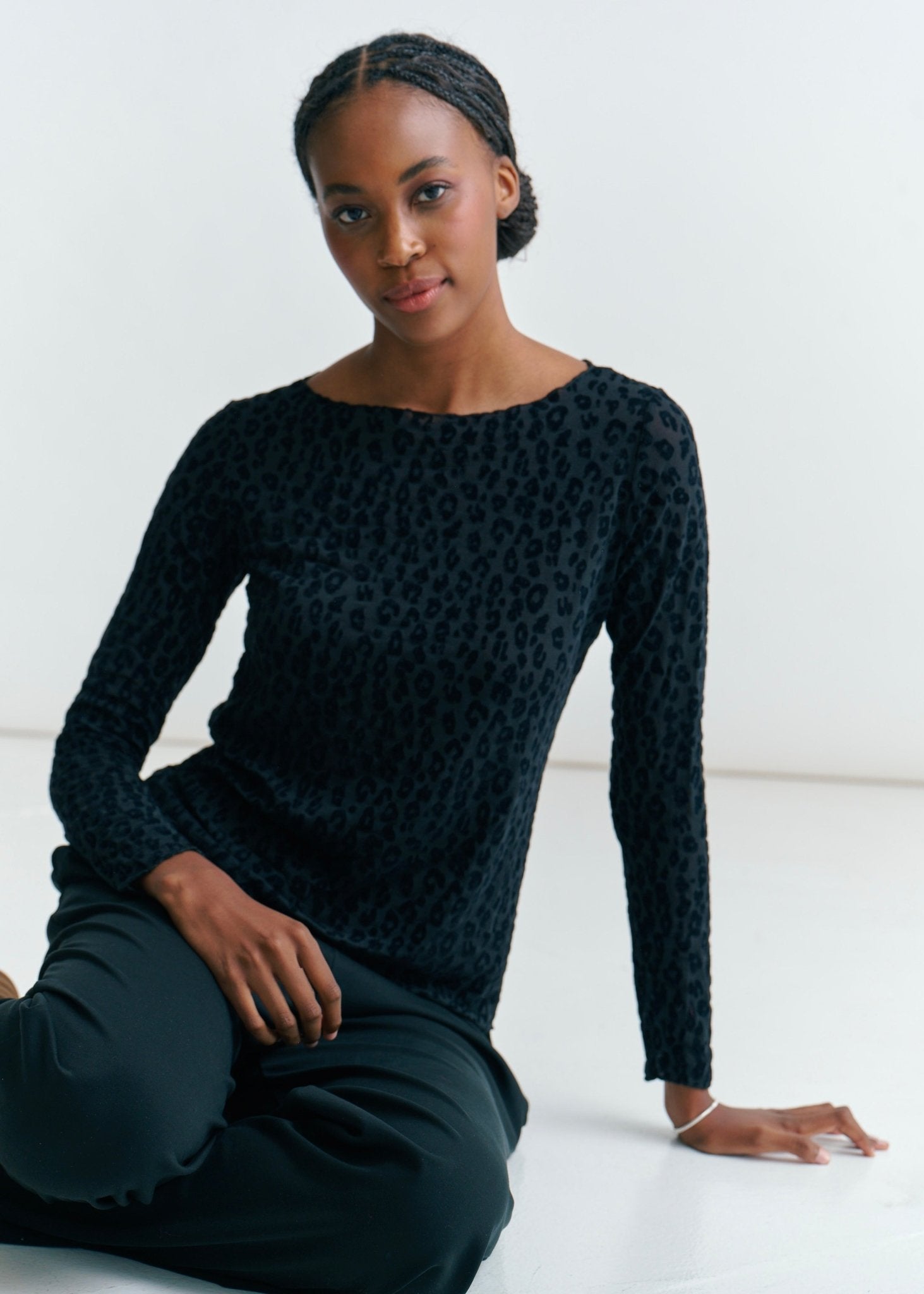 View our Leah Italian Cashmere Blend Sheer Top In Black Leopard Print - by Tribute Store