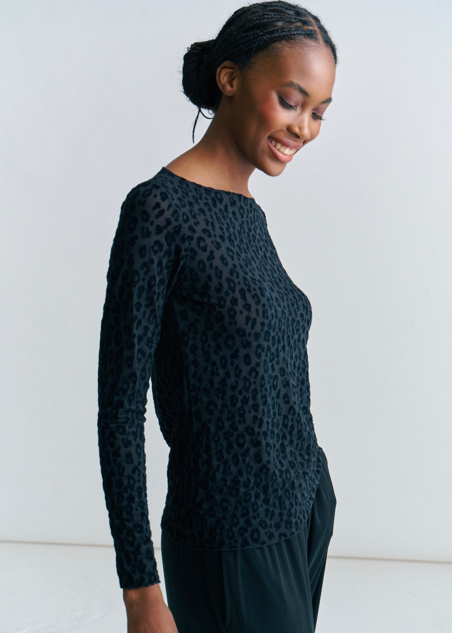 View our Leah Italian Cashmere Blend Sheer Top In Black Leopard Print - by Tribute Store