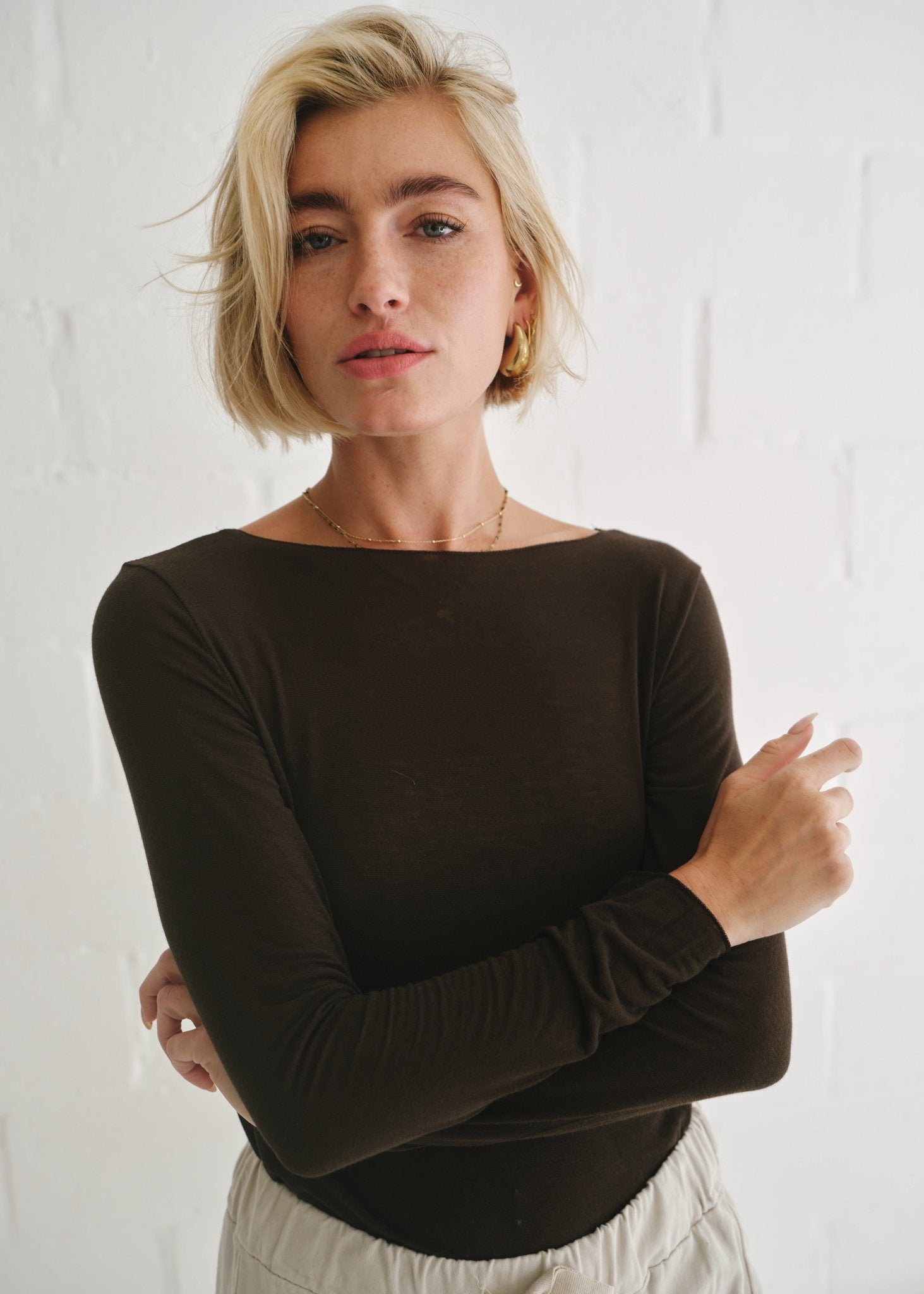 View our Leah Italian Cashmere Blend Sheer Top In Chocolate - by Tribute Store