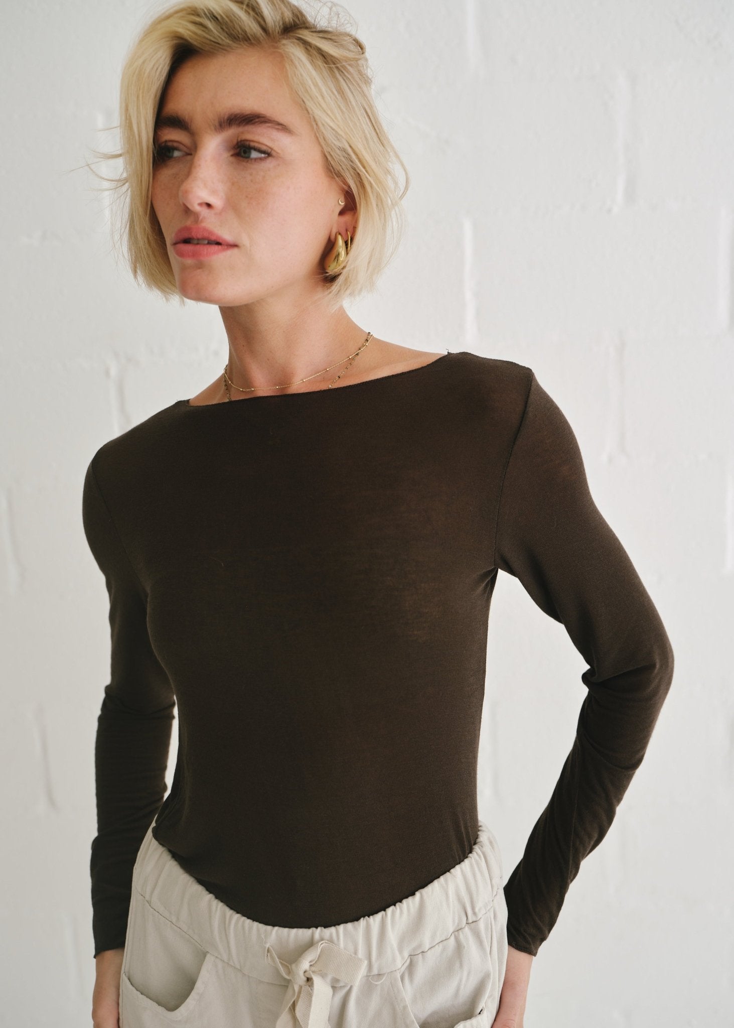 View our Leah Italian Cashmere Blend Sheer Top In Chocolate - by Tribute Store