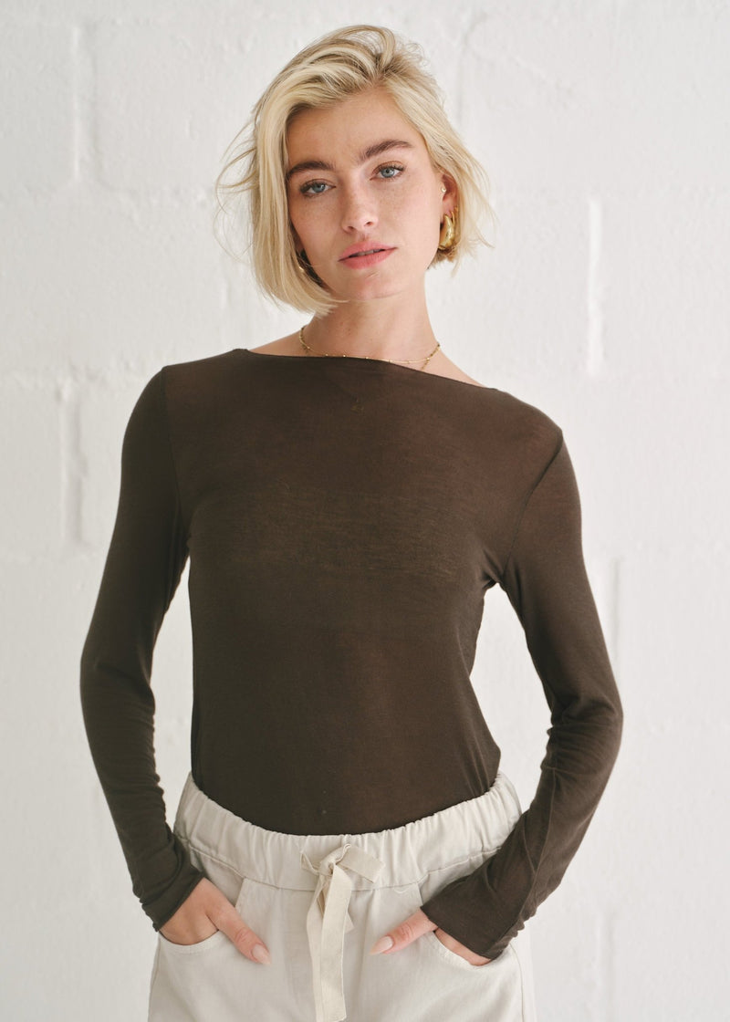View our Leah Italian Cashmere Blend Sheer Top In Chocolate - by Tribute Store