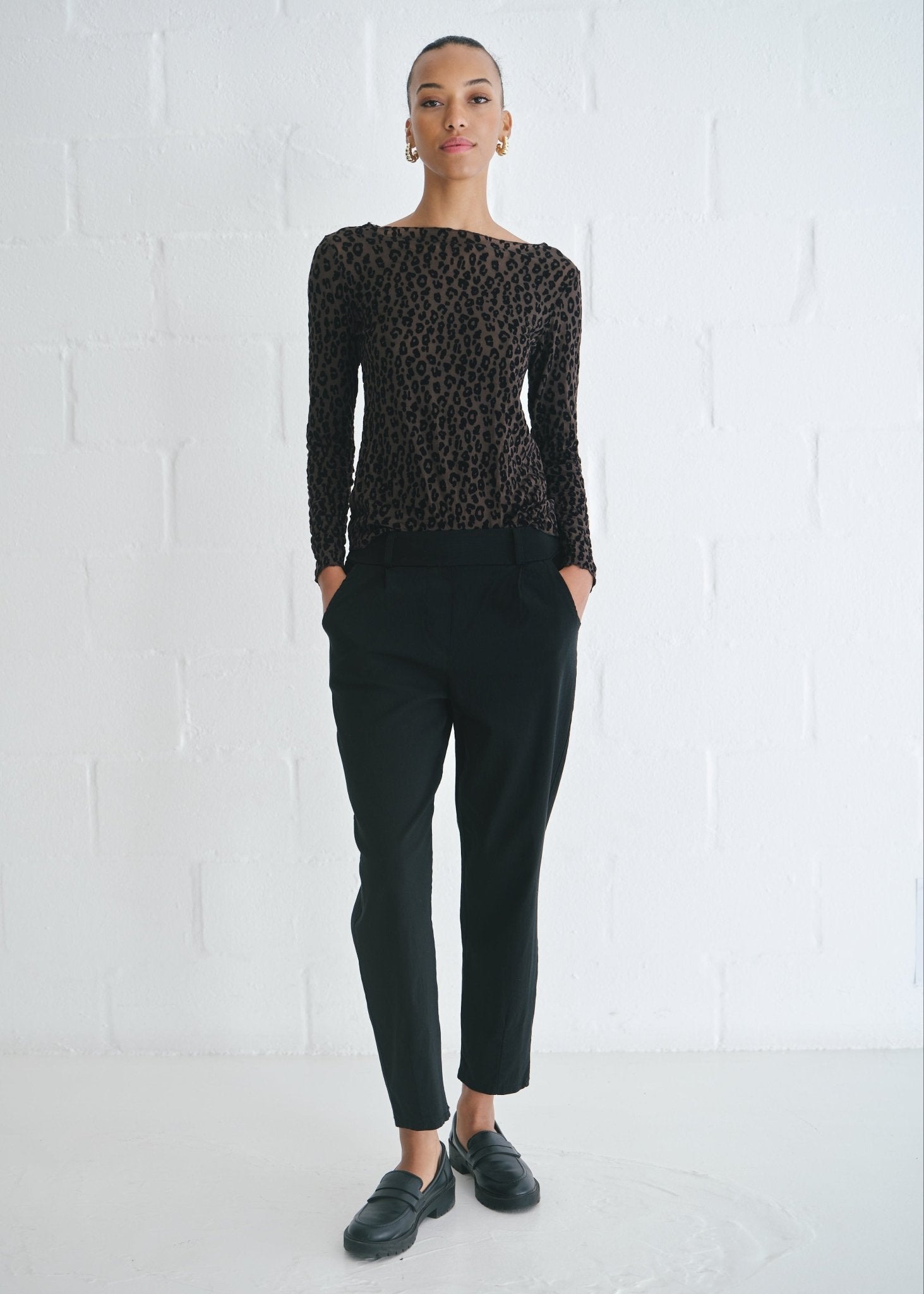 View our Leah Italian Cashmere Blend Sheer Top In Chocolate With Leopard Print - by Tribute Store