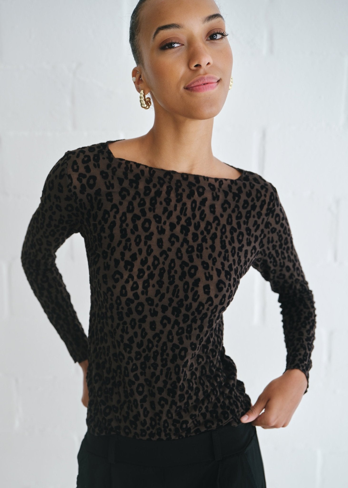 View our Leah Italian Cashmere Blend Sheer Top In Chocolate With Leopard Print - by Tribute Store