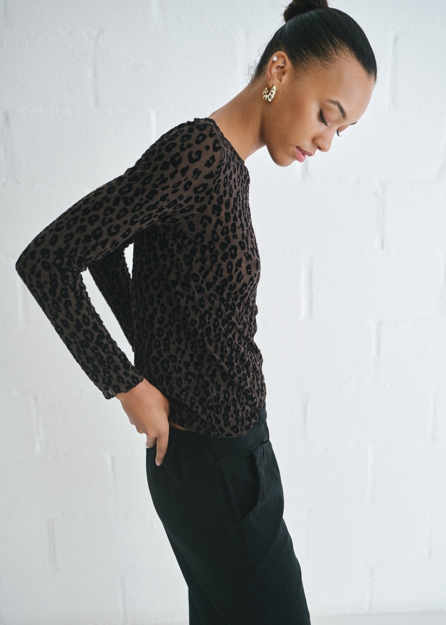 View our Leah Italian Cashmere Blend Sheer Top In Chocolate With Leopard Print - by Tribute Store