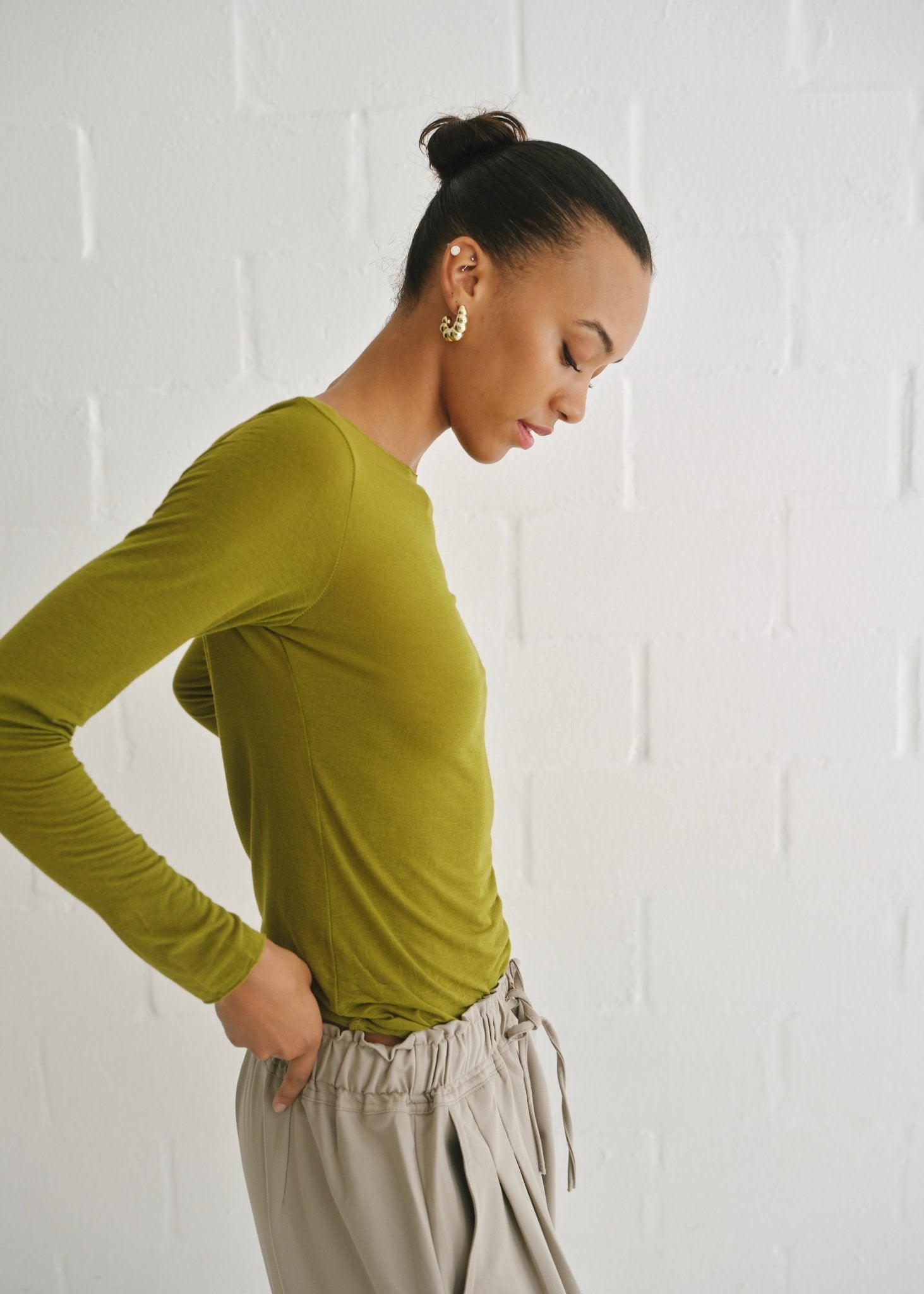 View our Leah Italian Cashmere Blend Sheer Top In Dark Olive - by Tribute Store