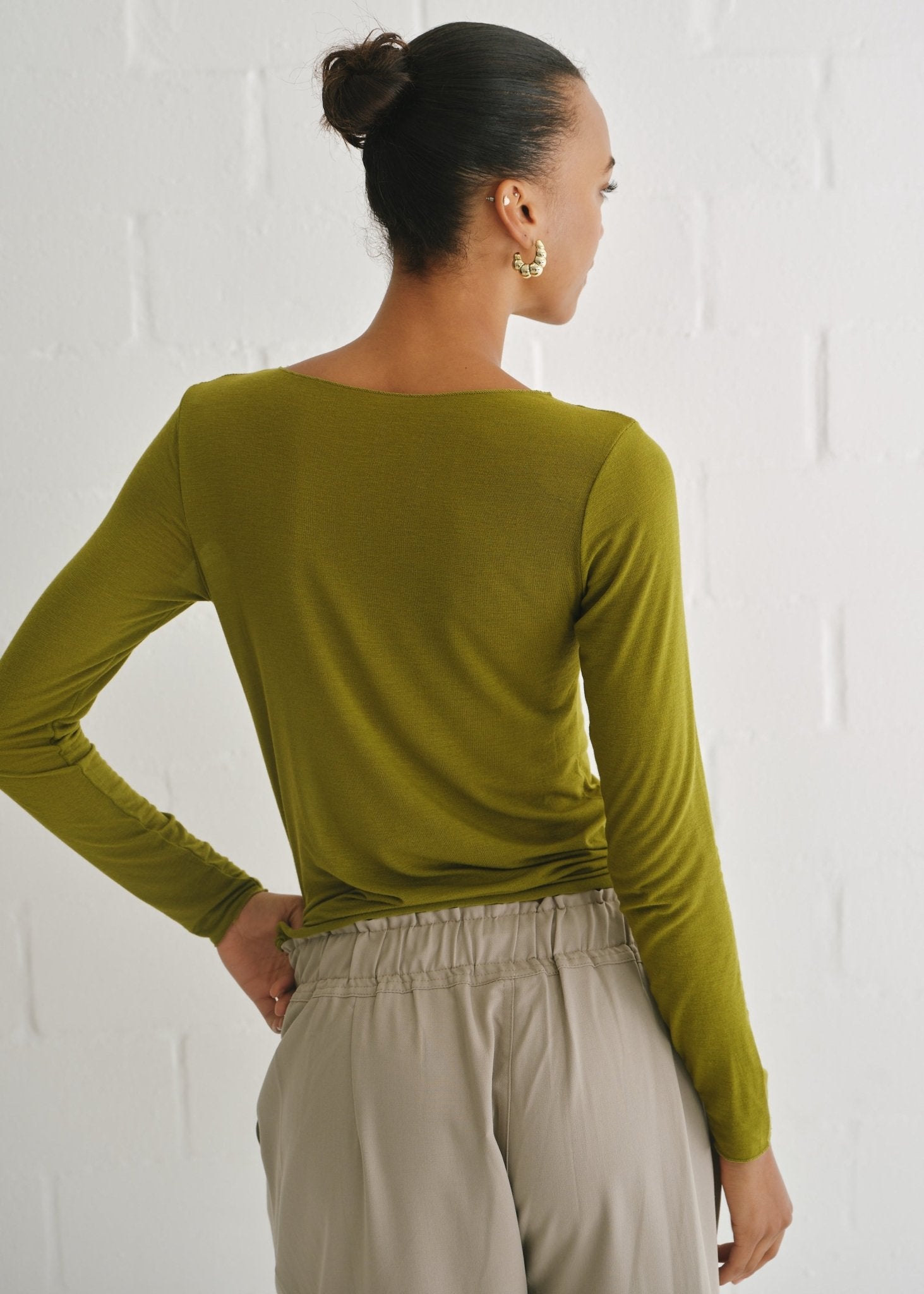 View our Leah Italian Cashmere Blend Sheer Top In Dark Olive - by Tribute Store