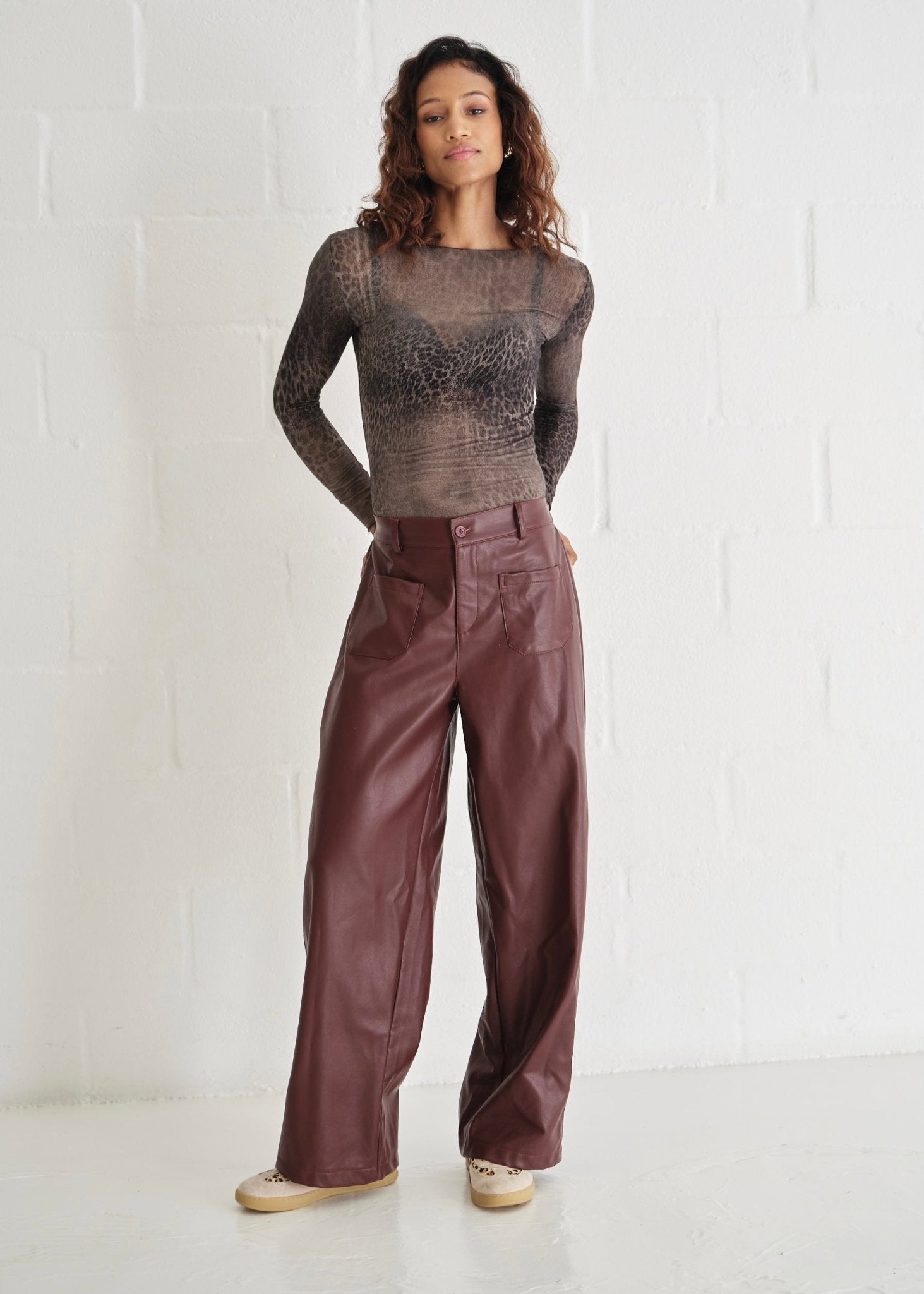 View our Leah Italian Cashmere Blend Sheer Top In Grey Distressed Leopard - by Tribute Store
